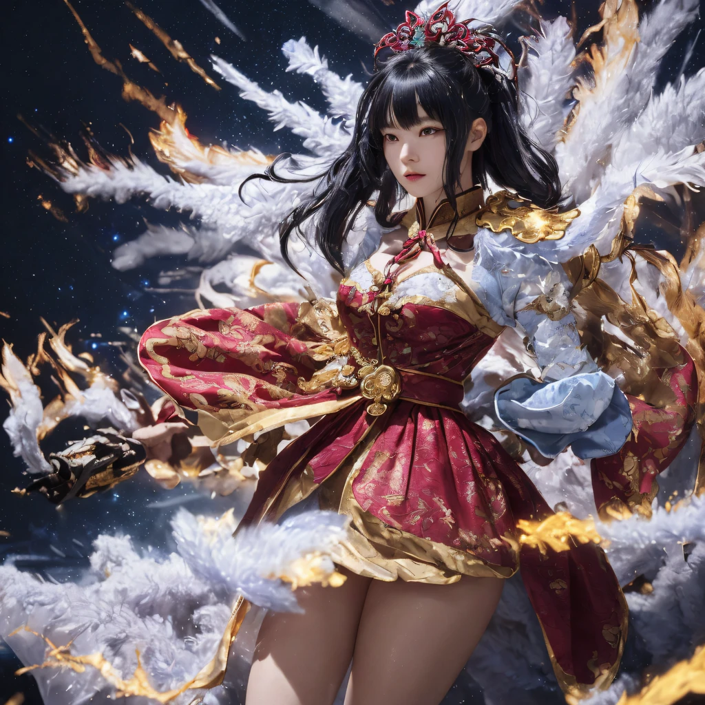 ((Red and white mech girl))National style,Flying nine-tailed fat skull flame ethereal toad star,Golden-black brocade white rabbit hair cheongsam,Fuchsia pink diamonds, Tulle burgundy diamond shin guard,CG ,Light orange full set of thick mechs,Giant,, Realistic secret girl rendering, detailed face of a asian girl, Reality in the secret world, Smooth CG art, Realistic. Cheng Yi, Realistic secret style, A lovely secret rendering, 8K portrait rendering, Render character art 8 K, Kawaii realistic portrait,Golden-black brocade white rabbit hair cheongsam,Fuchsia pink diamonds, Tulle burgundy diamond shin guard((ultra real detailed.mecha-girl)Mink cotton suit mech,Bright blue and white feathers gold silk shoulder pads,Shi Zhonghu Huhu female Taoist,Tailfire,Tattooed with,Genius ratio,Real human texture,Short bright purple hair,3D modeling,16K smooth (Masterpiece, Top quality, Best quality, offcial art, Beauty and aesthetics: 1.2), Very detailed, Colorful, Most detailed, branches,mecha-girl, (Mards)mecha-girl(canyons), (Future mecha), Angry fighting stance, looking at the ground, Batik linen bandana, Crane pattern long sleeve garment,Mecha Maiden Canyon(Abstract propylene splash:1.2), Dark clouds lightning background,Sprinkle with golden mech girl powder(realisticlying:1.4),Black color hair,Flour fluttering,starryskybackground, A high resolution, the detail, RAW photogr, Sharp Re, Nikon D850 Film Stock Photo by Jefferies Lee 4 Kodak Portra 400 Camera F1.6 shots, Rich colors, ultra-realistic vivid textures, Dramatic lighting, Unreal Engine Art Station Trend, cinestir 800,Flowing black hair,(((Red and white mech girl))),Front view,Pure transparency,Wear boxing gloves,Ice is permeable to gas,Film light and shadow,Panorama ultra-wide angle,extremely happy,The texture of the real person is delicate,Strong visual impact,Hyper-detailing,Dream girl,Refined face,prettyeyes,high saturated,Wear reflective sunglasses with a thick gold thread,crystal-clear,Good interpersonal skills