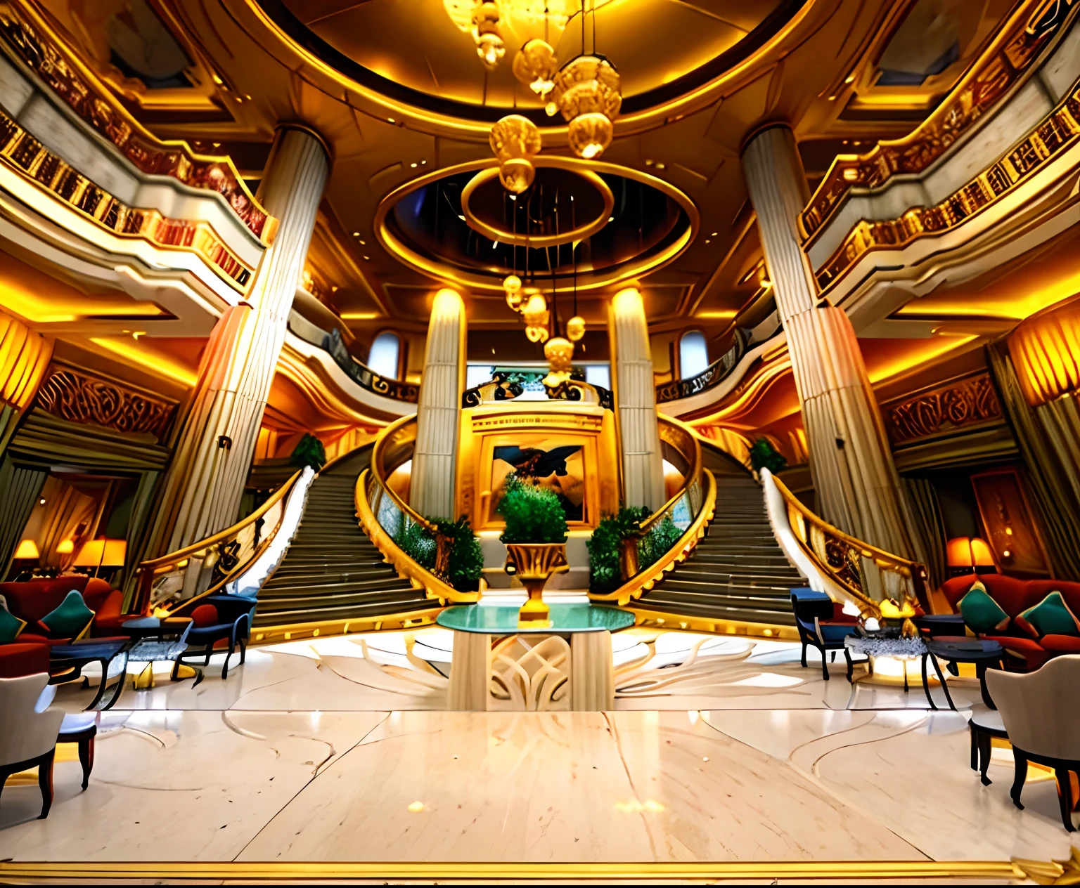 Resplendent hotel lobby，There are curved stairs on the left and right sides leading to the second floor，Large lobby view with stairs and chandeliers, wide grand staircase, inside a grand, luxurious environment, elegant and ornate, in majestic, in a futuristic desert palace, stunning grand architecture, Grand staircase, ornate and elegant, luxury goods, palatial scene, Round, Luxurious, opulence, magnificent design, full - view, ornate retreat