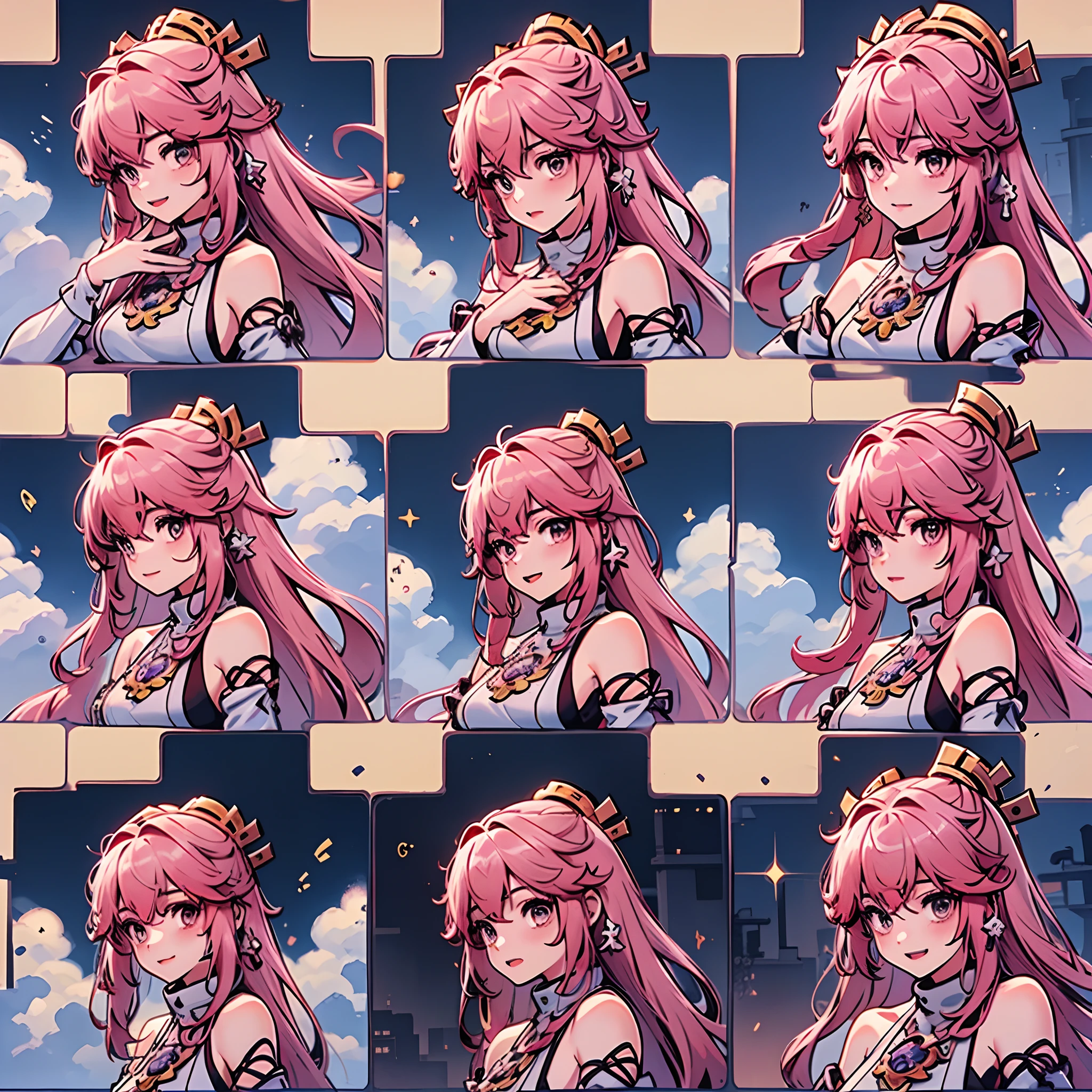 1girll, (miko_the original god，A pink-haired)，9 grids，3*3 grids，9 emoji packs，9 poses and expressions，Disney  style，Black strokes，Different emotions，8K