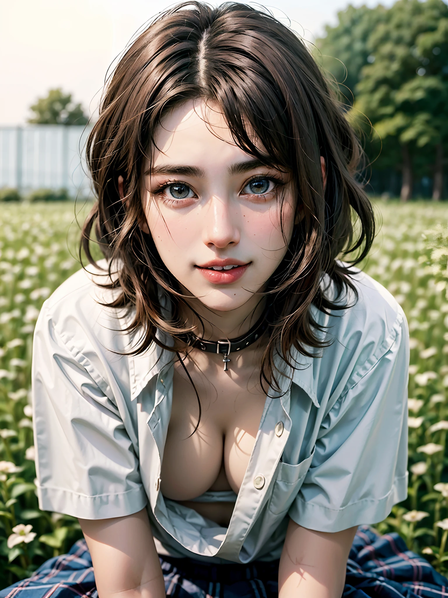 (Face Focus、Foot focus、Breast Focus、Thigh Focus、Perfect Anatomy:1.6、masutepiece:1.4、Perfect body shape:1.4、Perfect Anatomy、top-quality、Top image quality、Ideal ratio body proportions:1.4、Beautiful and cute woman full of charm with a cute smile、Beautiful teeth、A charming smile:1.4、Look firmly at the camera、{Gigantic|Big|Huge|Mega} breasts, Beautiful cleavage), (Raw photo:1.2), (Photorealistic、hyper realisitic:1.4), a beautiful detailed girl, extremely detailed eye and face, beatiful detailed eyes, Ridiculous, unbelievable Ridiculous, ultra-detailliert, hight resolution, ighly detailed, ((Japan Girls' High School Uniform、School uniform、White shirt with collar、Secretary)), ighly detailed, 8k wallpaper, magnifica, finely detail, hight resolution, Super high quality uniforms, Light on the Face、电影灯光、a 18 year old girl、((panties on))、((dynamicposes)))、(School Grounds:1.4)、(attractive legs)、(Sit on your legs with your knees bent))、short shiny hair、short shiny hair:1.4、long neck、Put your ears out、asymmetrical bangs:1.4、bangss:1.4、big eye、Lashes、cute little、a very cute、very extremely beautiful