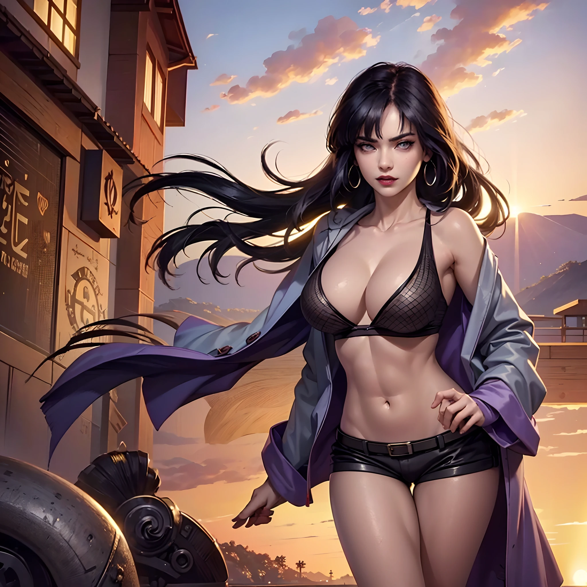 (best quality,4k,8k,highres,masterpiece:1.2),ultra-detailed,realistic,sexy,beautiful detailed eyes,beautiful detailed lips,extremely detailed eyes and face,long eylashes,Hinata hyuuga,anime,portraits,vivid colors,Warm color tones,soft lighting,natural scenery,fierce attitude,confident expression,flowing hair,seductive pose,graceful movement,thin waist,hourglass figure,slender legs,exquisite costume,delicate fabrics,eye-catching color palette,alluring atmosphere,endless charm,irresistible allure,soft and smooth skin,perfect complexion,exceptional beauty,amazing details,impeccable realism,high-quality digital illustration.