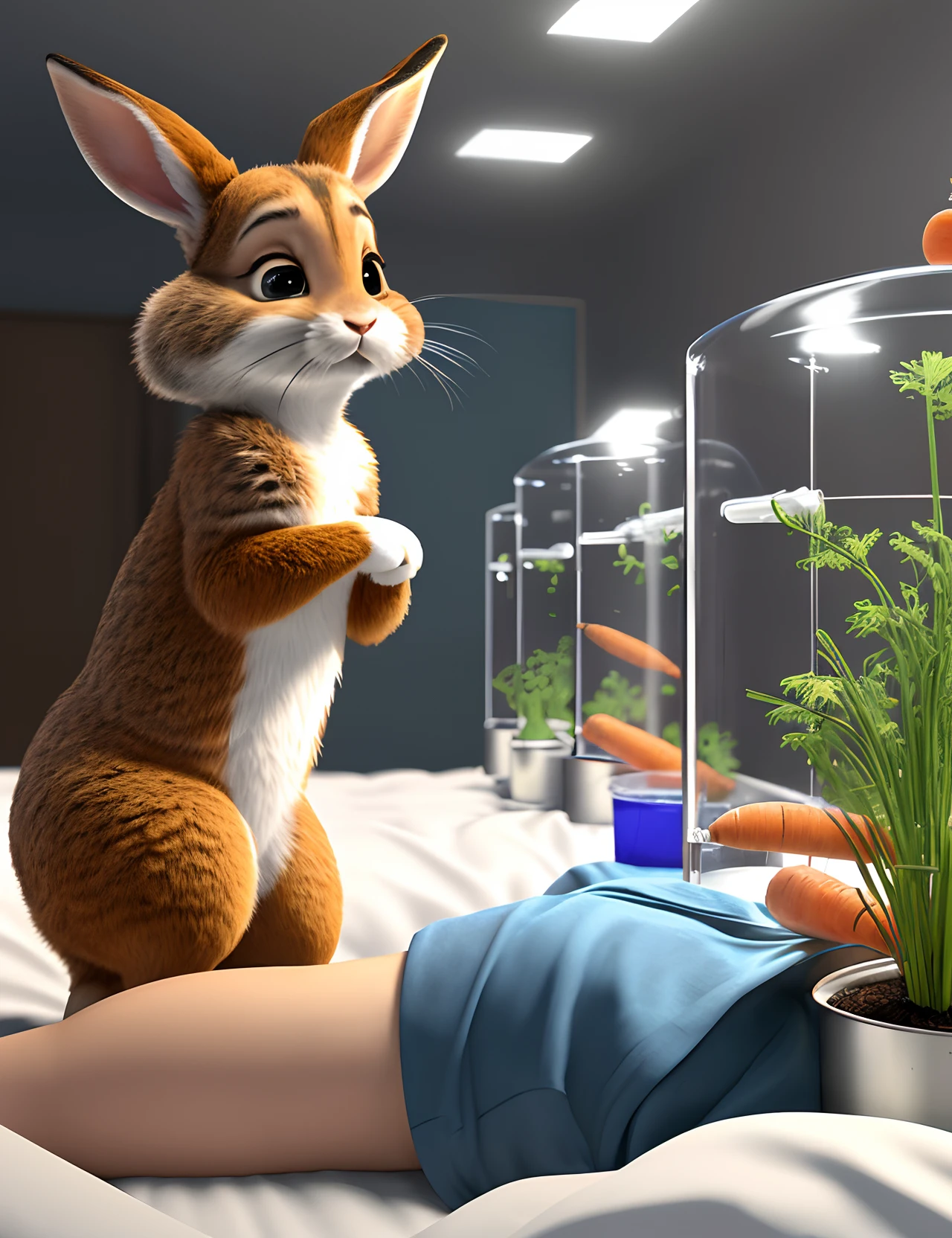 IMAGE RATING SAFE : grey, long legs, rabbit, bipedal, female, anthropomorphic, high detail 3d, accurate, sneezing, lots of fog, night, low light, wearing a bright blue police uniform, in the style of zootopia, many carrots on the bed, laying on her back, legs raised high, on a bed, in a scientist laboratory, the rabbit is holding a large carrot shaped test tube plant that is penetrating the rabbit's fur near the rabbit's tailhole.]