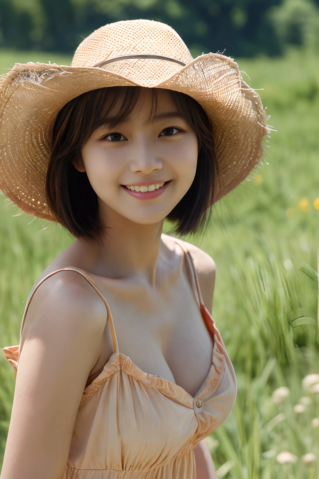 ​masterpiece、4K、top-quality、beautiful Korean women、detail portrayal、1 girl in、23years old、(sundress:1.1)、bob cuts、夏天、countryside、depth of fields、cowboy  shot、Angle from top、ssmile、Carefree