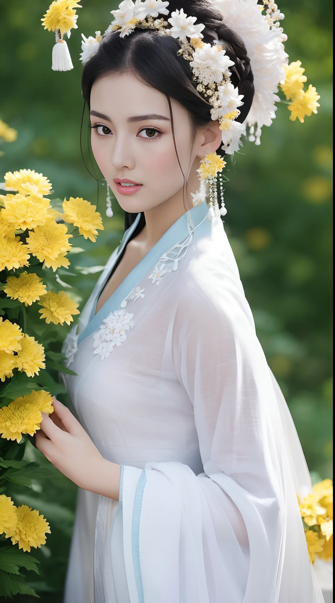 Fashion model 18 years old [[[[closeup cleavage]]]], [[[[boobgasm]]]], [[[[coll]]]], [[[[bshoulders]]]], perfect  eyes, Perfect iris，Perfect lips，perfect teeth，Perfect skin，with fair skin，hdr，Movie girl，White ancient Chinese clothing，A delicate face，voluptuous figure，Long legs，fully body photo，exteriors，((Behind him are patches of yellow chrysanthemums)),4K Ultra HD, 超高分辨率, (Photorealistic: 1.4), Best quality，Masterpiece，Utra dilution，（pastel colour：1.2）