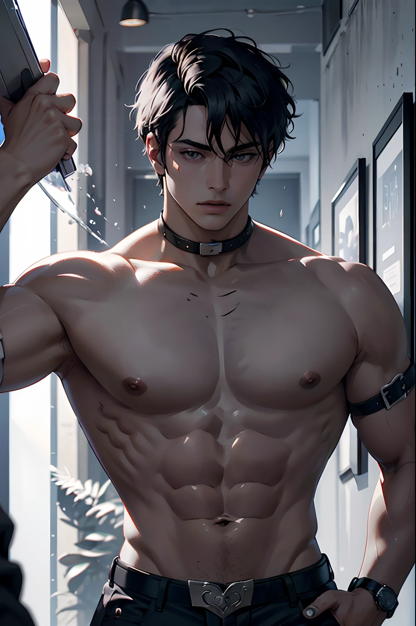 "(La mejor calidad,4k,8k,Altas Resoluciones,obra maestra:1.2),ultra detallado,(realista,fotorrealista,fotorrealista:1.37), Manhwa Art European 25 years old man, piel de marfil, Cabello desordenado cabello negro azabache, penetrantes ojos, Iris gris, Llevar abrigo negro, Torzo desnudo, cuerpo musculoso, cuerpo Atletico, razor-sharp jawline, mirada penetrante, Cold and mysterious character, cuerpo completo, cuerpo Atletico, 8k, Detailed features, muy guapo, Dreamy look on his face, bright illumination, fondo borroso, tatuajes sexys por el cuerpo