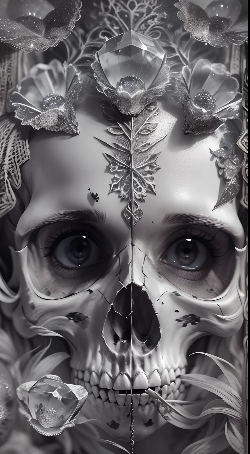 (best quality,4k,8k,highres,masterpiece:1.2),ultra-detailed,realistic:1.37,skull,Anne Baechle's artwork,detailed eyes,enigmatic atmosphere,subtle lighting,hyper-realistic rendering,crystal-clear focus,sublime details,black and white contrast,subtle shades of gray