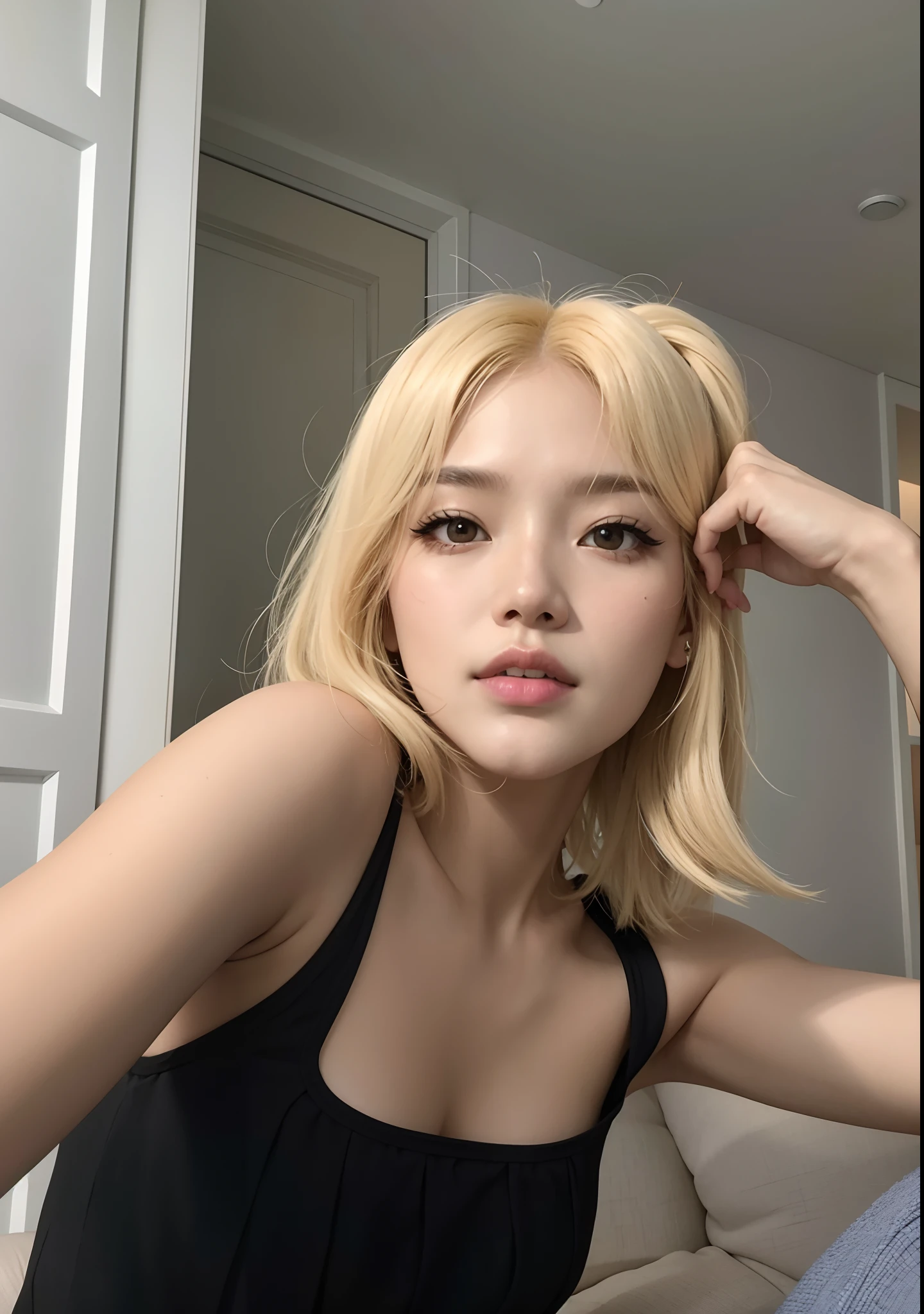 Blonde woman in a black blouse sitting on a sofa in a living room, Sun Yunjoo, con el pelo corto, Parque Roseanne de Blackpink, Lalisa Manobal, Retrato de Jossi de Blackpink, Foto de perfil de la foto de cabeza, Jossi de Blackpink, su cabello es blanco, Imagen filtrada, cabello rubio amarillo medio, Heonhwa Choe, Taejune Kim