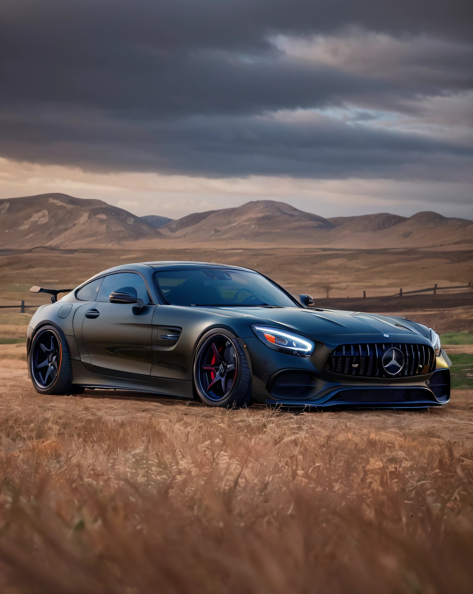 Close-up of a black Mercedes sports car parked in a field, automotive photography, vehicle photography, auto photography, Mercedes Benz, automotive photography, Wide body, ✏️🎨, Edited, mercedez benz, Black car, cinematic front shot, wrapped in black, breathtaking composition, line sleek，strongman, marc adamus, matte paint, ✨🕌🌙