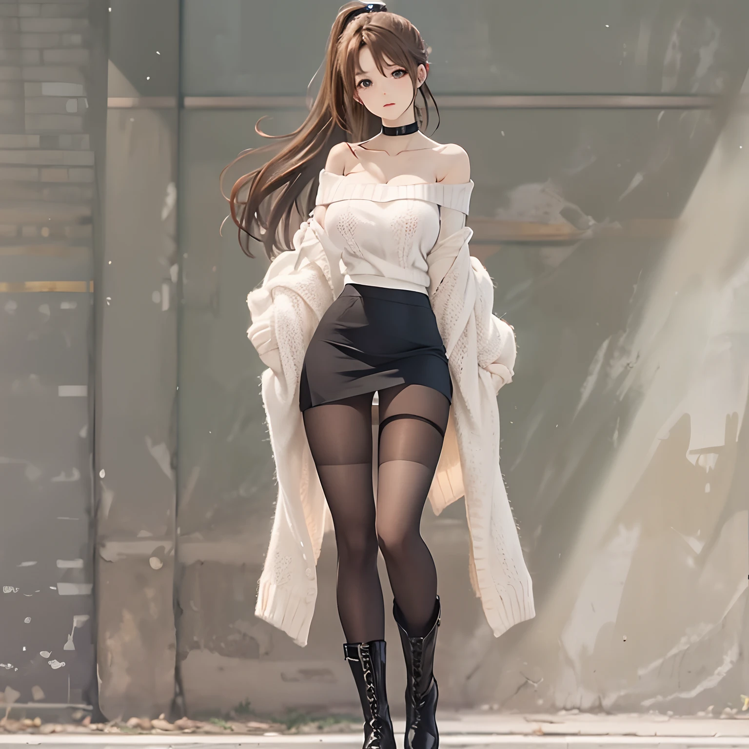 top-quality、masuter piece、8K、Photorealistic anime drawings、1girl in、23years old、(Brown Hair Ponytail)、turned around、 (beautiful thigh)、(White knitwear:1.5、Black miniskirt:1.4), ((off shoulders):1.4), ((Clothes with black lines、Tight clothes):1.2), ((鎖骨, cleavage、large full breasts):1.3), (Black Choker:1.2), (Black short boots:1.1),