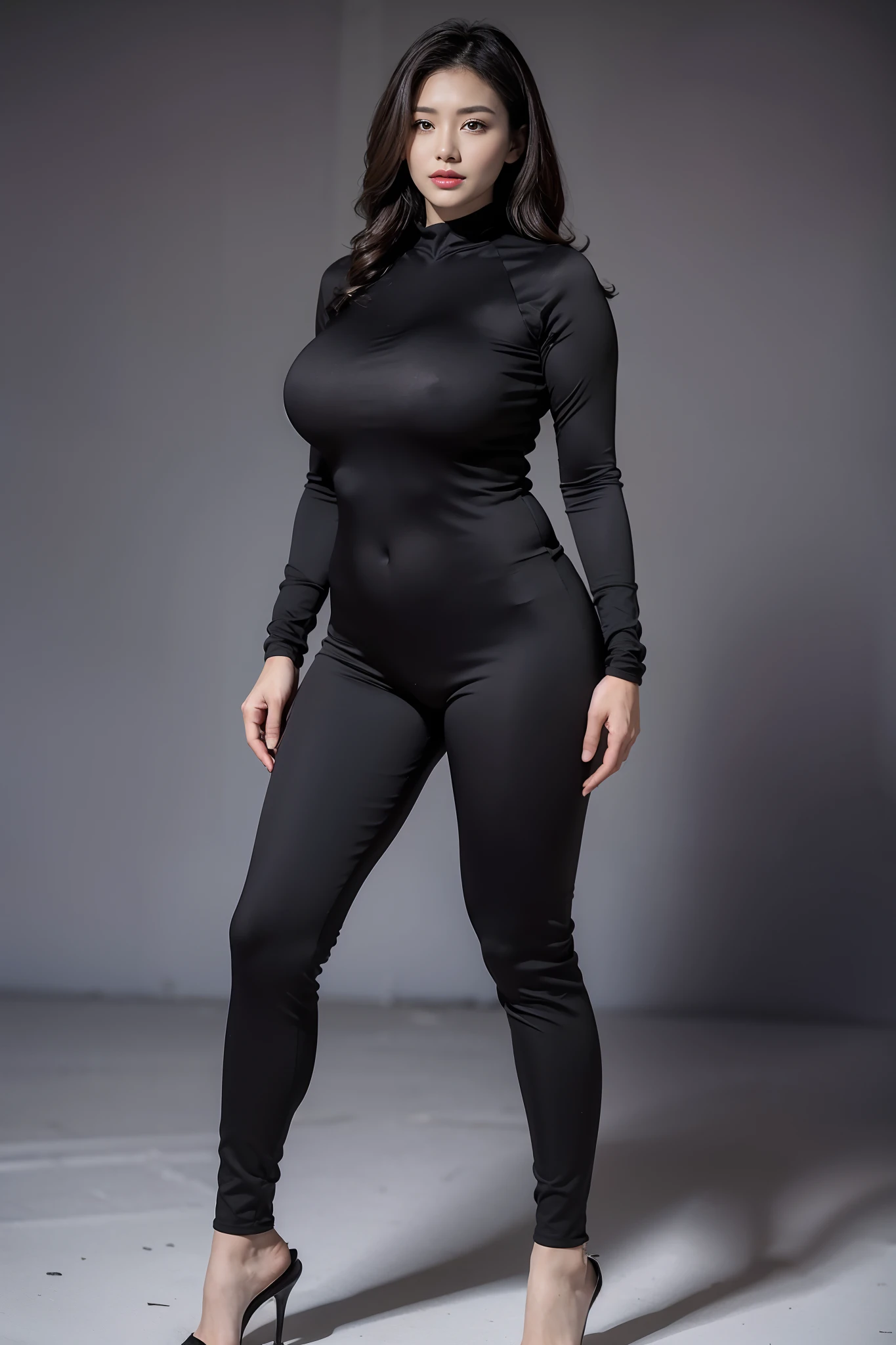 Hot Milf in tightsuit, professional photograph, award-winning portrait, masterpiece, high detail full-body view, symmetrical, Nikon D850, 85mm lens, f/1.8, depth of field