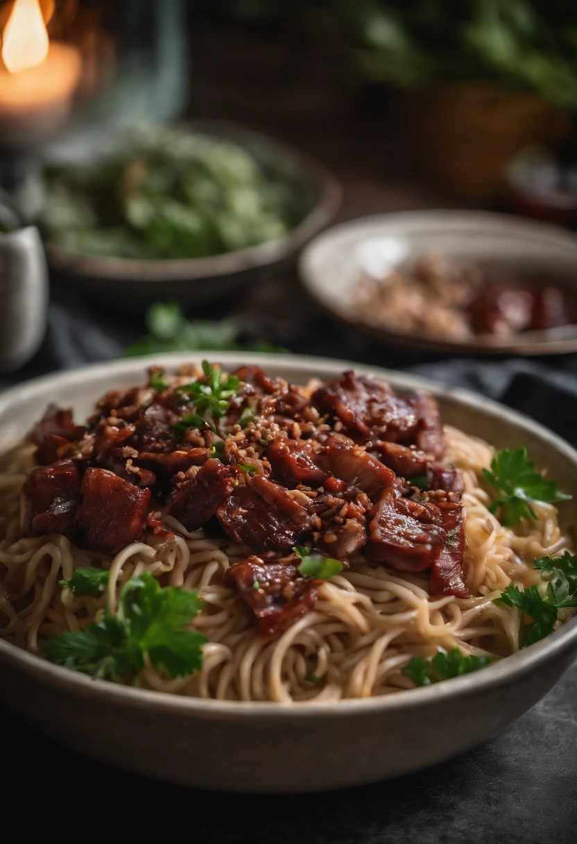 At the dinner table, A plate of noodles, Top with thin char siu slices, Minced meat, Greens and shallots.