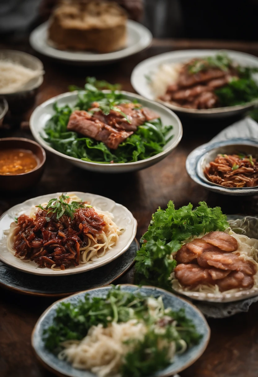 At the dinner table, A plate of noodles, Top with thin char siu slices, Minced meat, Greens and shallots.