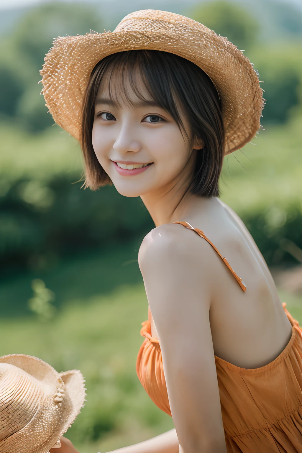 masterpiece、4K、top-quality、beautiful Korean women、detail portrayal、1 girl in、23years old、(sundress:1.1)、bob cuts、夏天、countryside、depth of fields、cowboy shot、Angle from top、ssmile、Carefree