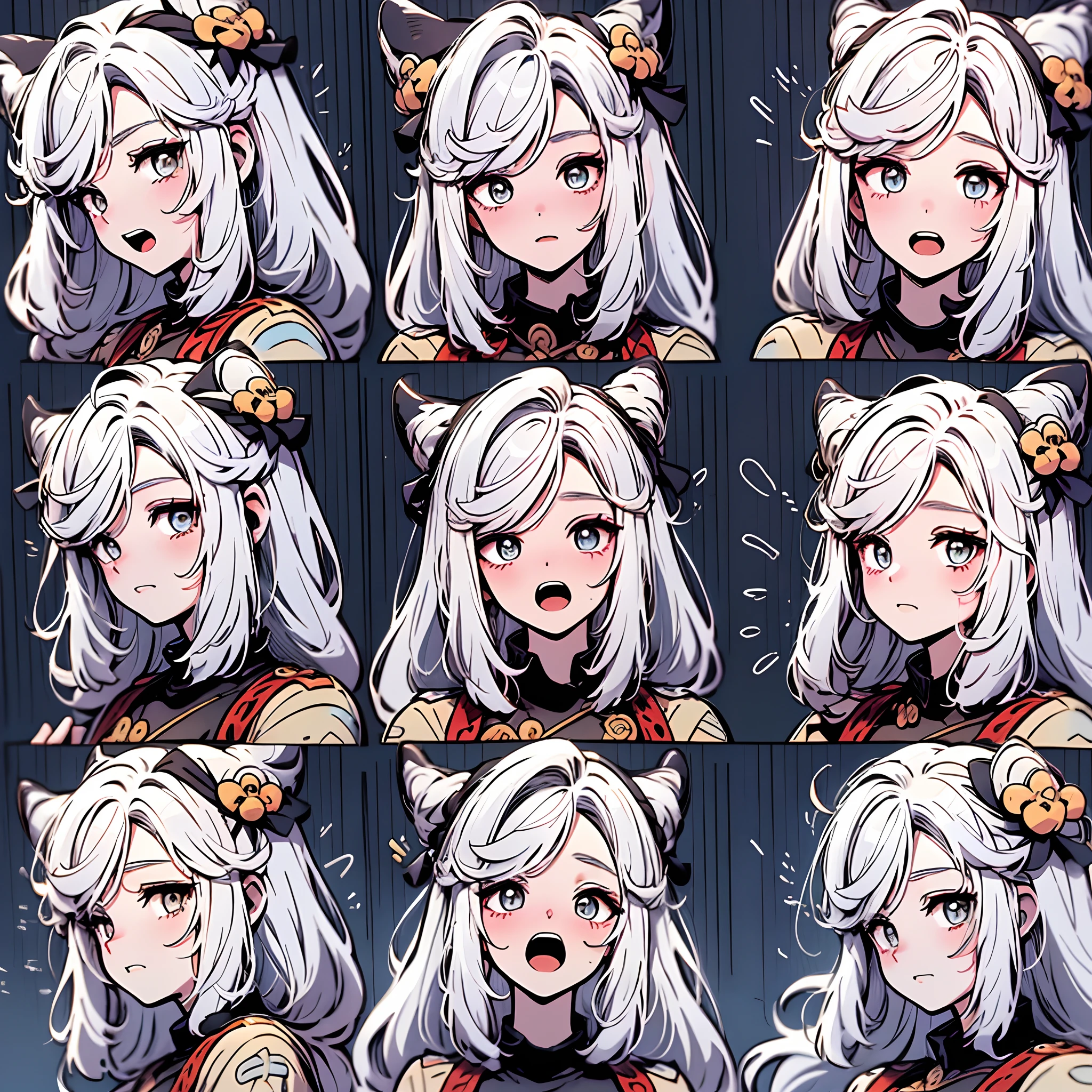 1girll, (Kamigawa V4，white color hair)，9 grids，3*3 grids，9 emoji packs，9 poses and expressions，Disney  style，Black strokes，Different emotions，8K