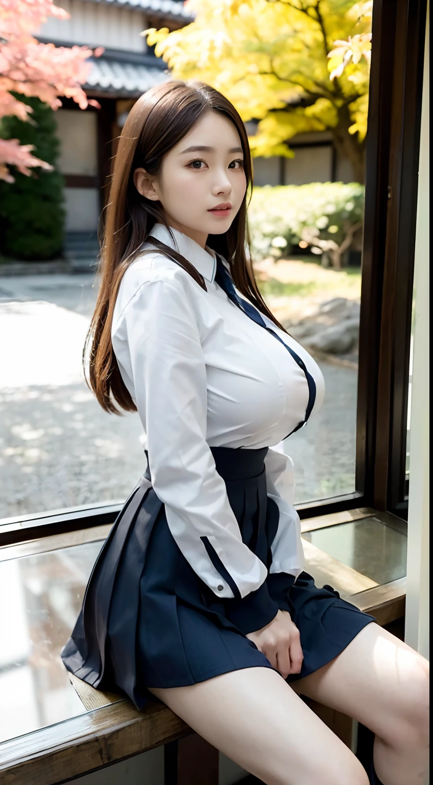 (16 K, Raw photography, Top image quality, masterpiece: 1.45), (realisitic, Photorealsitic: 1.37), one girls, Random hairstyle、Standing figure、Dusk Time Zone、Whitening and shiny skin、a very cute,a park,tree, profetional lighting, photon maping、physically-based renderingt, Gradient dark brown hair,Well-groomed and beautiful eyes、Large double eyelids、Very shiny、girl with, (((校服、Winter clothes、Uniforms worn by Japan female students、White shirt、Suits、Black mini skirt、high socks、lowfers))), Top Quality Photos, hight resolution, 1080p, (clearface), (Detailed face description), (Detailed hand description), (masterpiece), (Exquisite CG)、extreme light and shadows、dishevled hair、master work、abundant detail、(Fine facial features)、(top quality photo)、(masuter piece)、(A detailed eye)、Looking at the camera、Fine clavicle、((Slender big))、(((Japan schoolgirl in uniform)))、((Ready Idol System))、((a park))、(((neat and cute)))、A big smile、Drawing the whole body from the knees、Do not draw nasolabial folds、(((Cute uniform)))、(Big breasts that hang down big:1.4)、Big buttocks with tension、Two arms and two legs、(((from the front side:0.6)))、bare hand、No mask、Ginkgo in autumn leaves