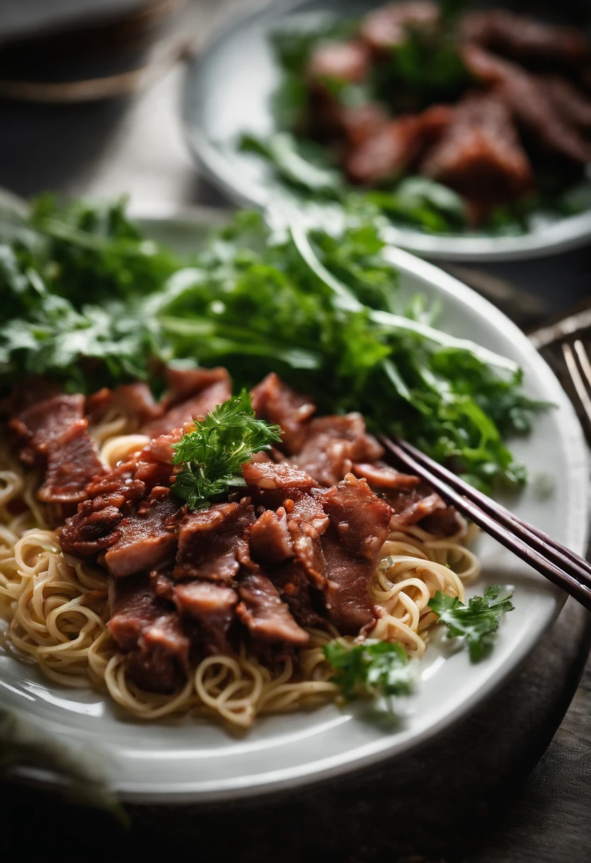 At the dinner table, A plate of noodles, Top with thin char siu slices, Minced meat, Greens and shallots, Sunlight outside the window.