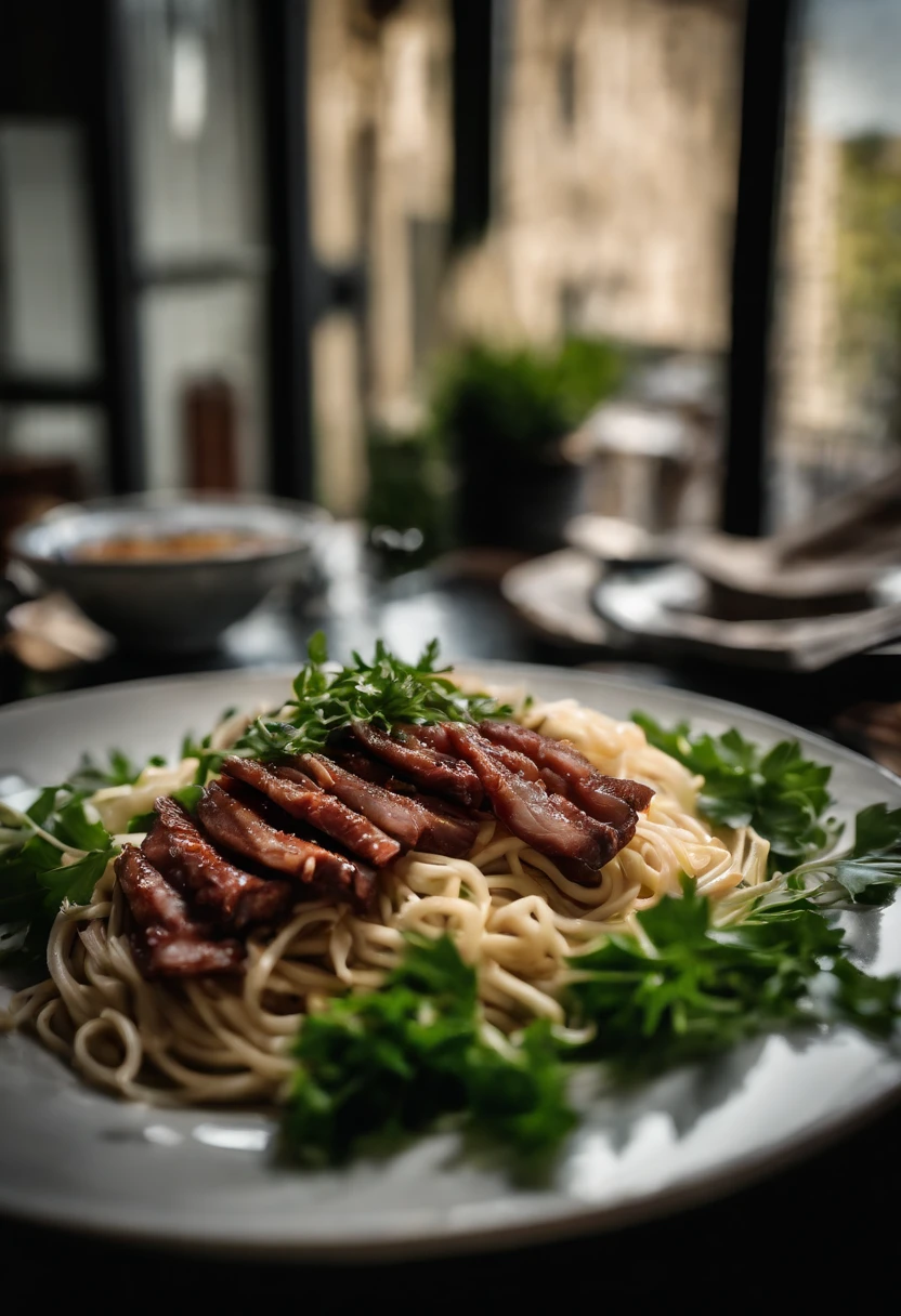 At the dinner table, A plate of noodles, Top with thin char siu slices, Minced meat, Greens and shallots, Sunlight outside the window.