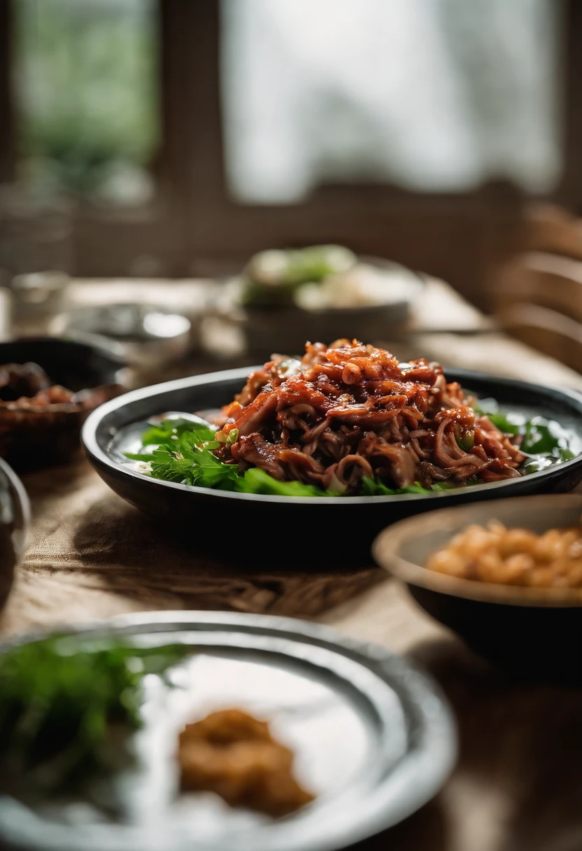 At the dinner table, A plate of noodles, Top with thin char siu slices, Minced meat, Greens and shallots, Sunlight outside the window.