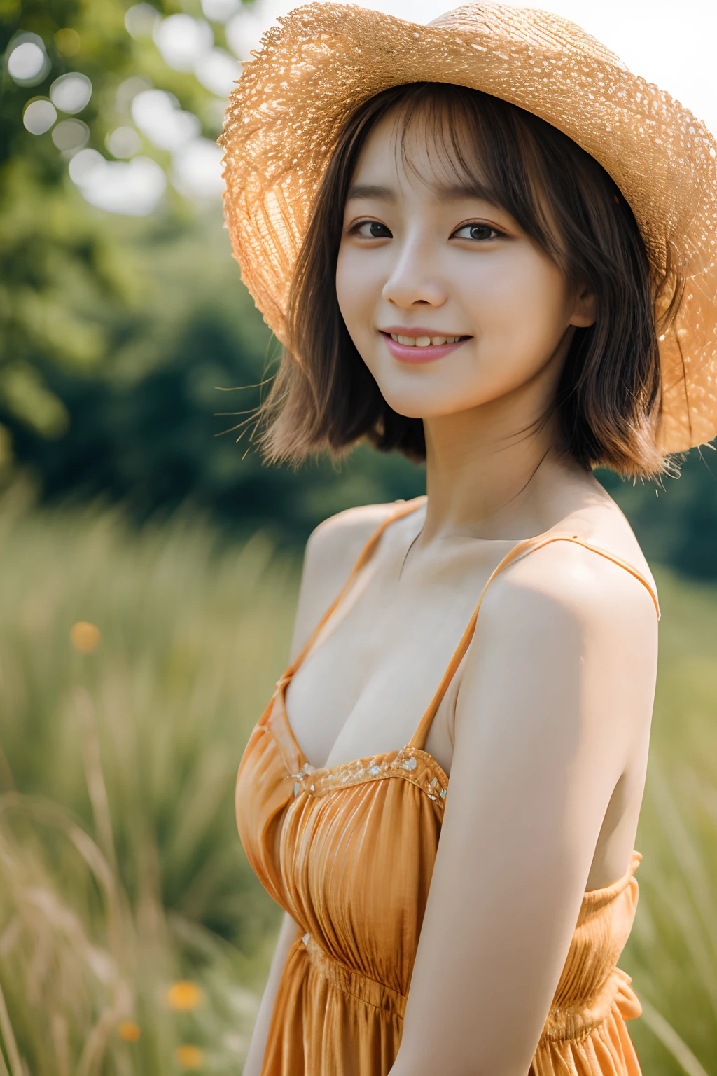 masterpiece、4K、top-quality、beautiful Korean women、detail portrayal、1 girl in、23years old、(sundress:1.1)、bob cuts、夏天、countryside、depth of fields、cowboy shot、ssmile、Carefree