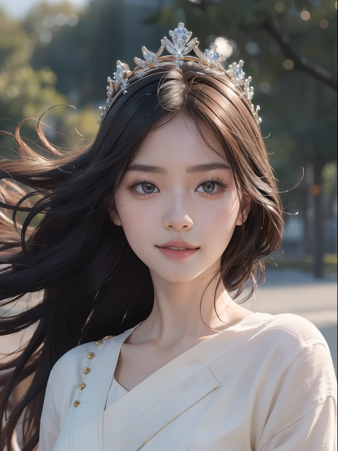 (8K, RAW photo, Best quality, Masterpiece:1.2), (Realistic, photo-realistic:1.37), Ultra-detailed, 超高分辨率, twtzuyu, 1 girl,view the viewer,Smile, ((Wear a crown on your head)), queen, Beautiful detailed eyes,  (Floating hair), Detailed clothes,  Skin texture, Cinematic lighting, Professional lighting,