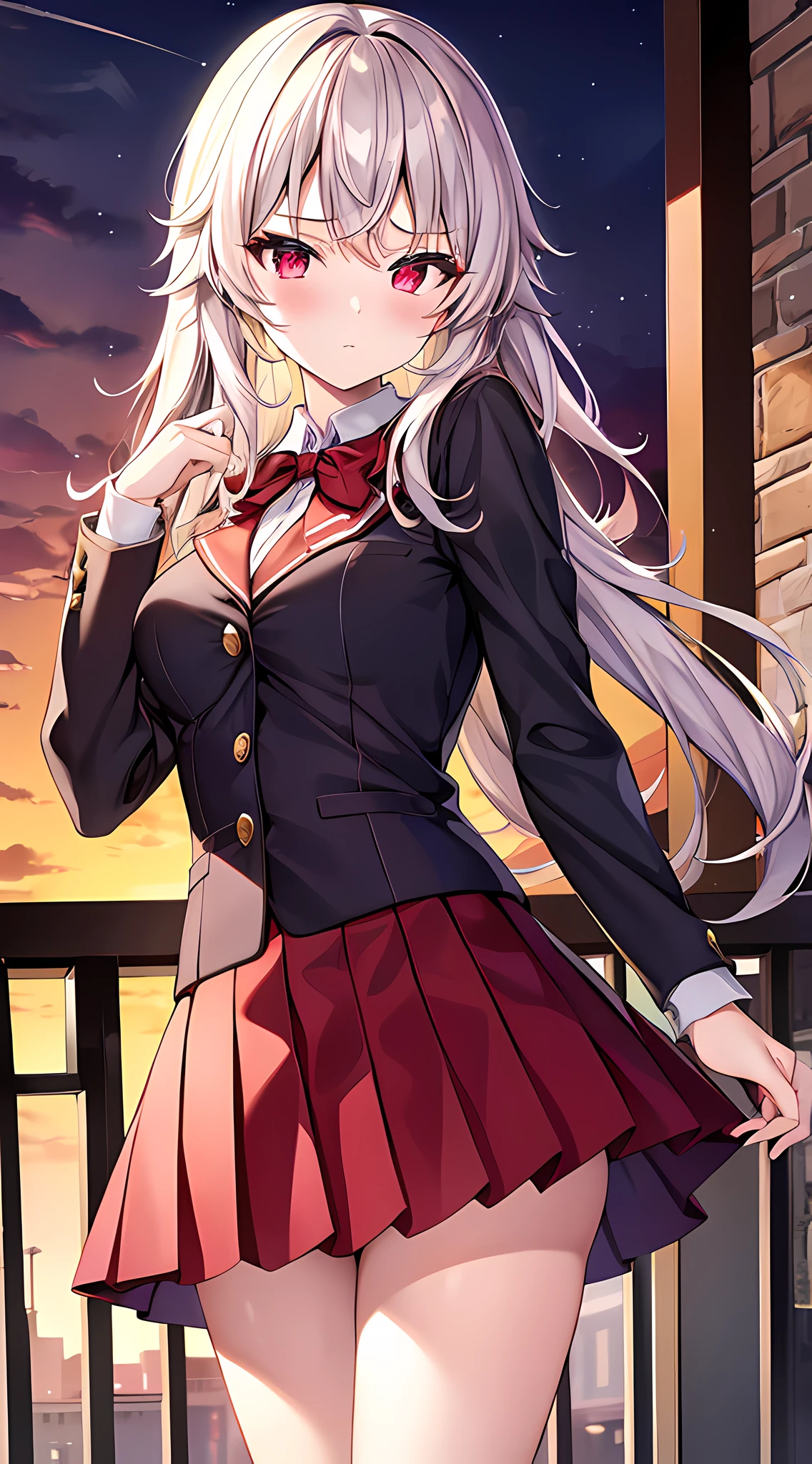 eirudy_\(springwitch3\), masterpiece,1girl,red ruby eyes, school uniform, city, absurdres, high res, ultrasharp, 8K, masterpiece, looking at viewer