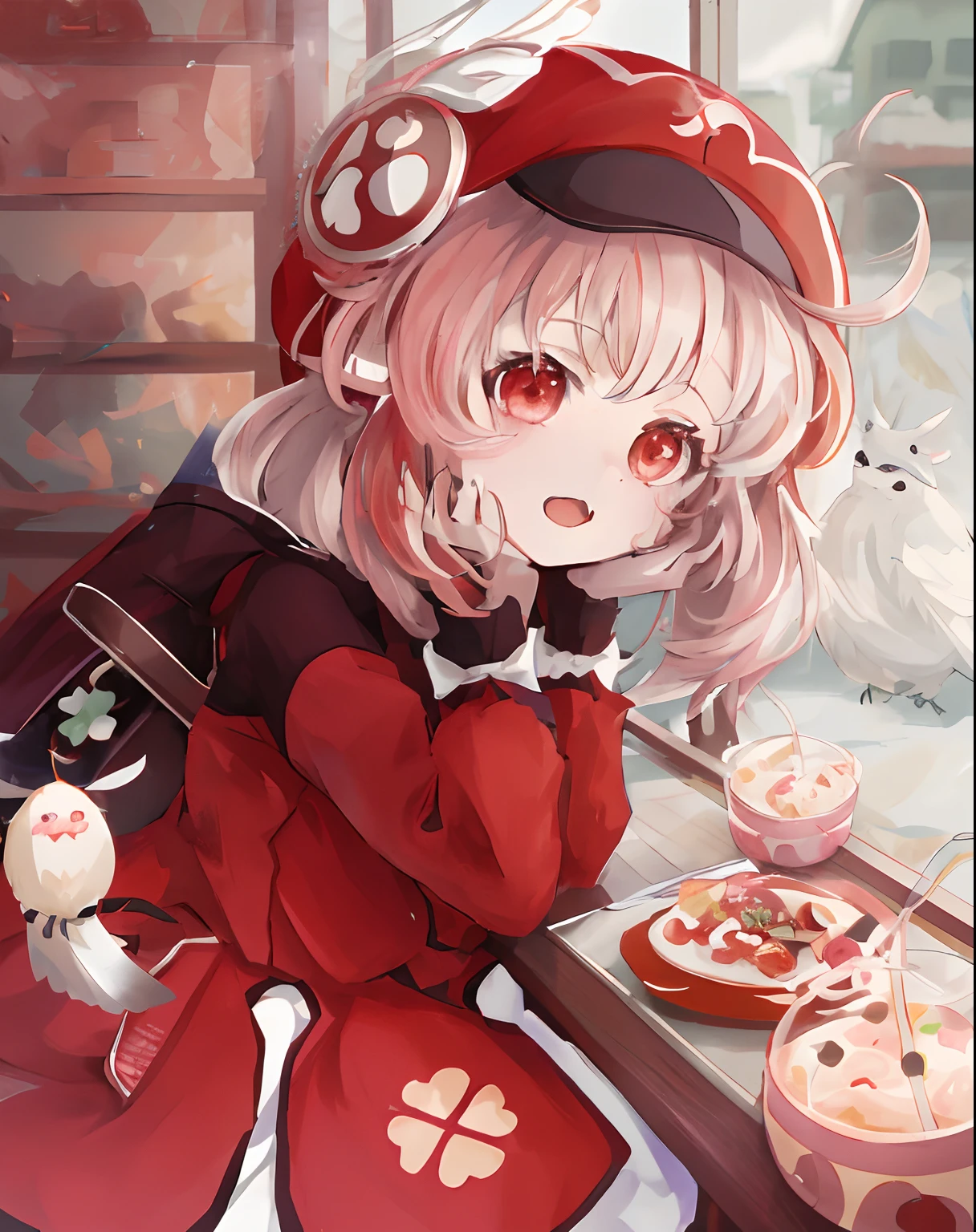 Anime girl wearing red coat with a plate of food and a bird, Splash art anime Loli, style of anime4 K, Cute anime girl, anime food, Best anime 4k konachan wallpaper, from touhou, Pisif, Loli, small loli girl, Pisif style, small curvaceous loli, Cute anime style, Cute anime