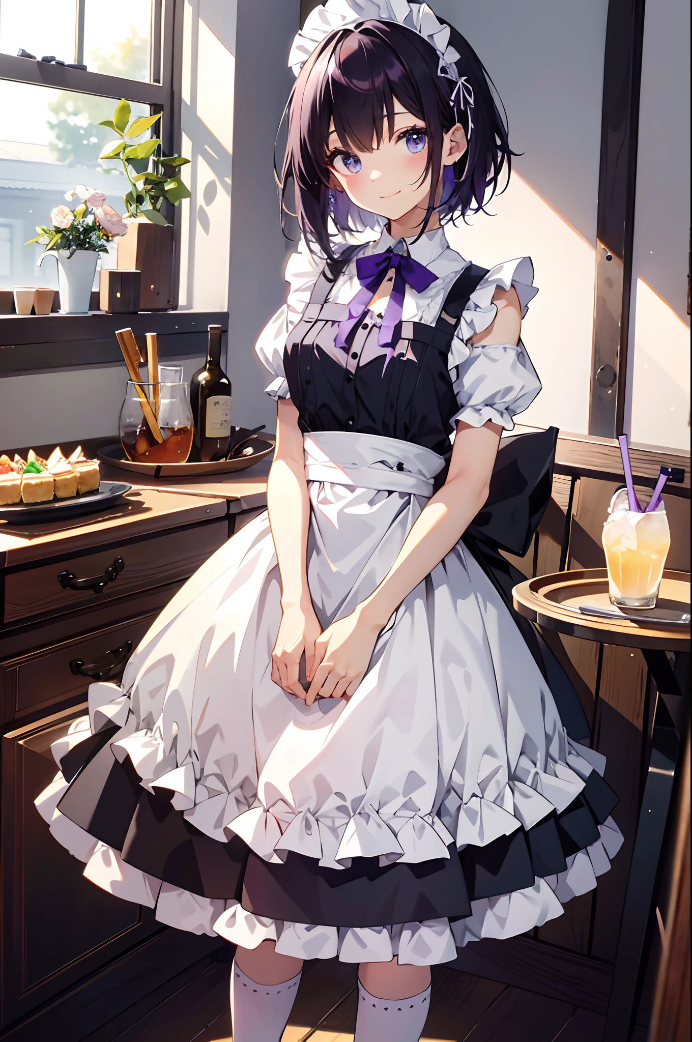 (masuter piece、Best Quality、Detailed、8K, 4K, Illustration、hight resolution、Detailed beautiful eyes:1.2)、cowboy shot、foco nítido、Evening glow、beauitful face、Sharp pupils、Modern Cafe、18 year old beautiful girl、A slender、shinny skin、bob cuts、Beautiful dark purple hair、Purple eyes、inside in room、Apron Dresses、Maid costume、knee sox、Have a tray、The tray contains drinks and cakes、Gentle smile