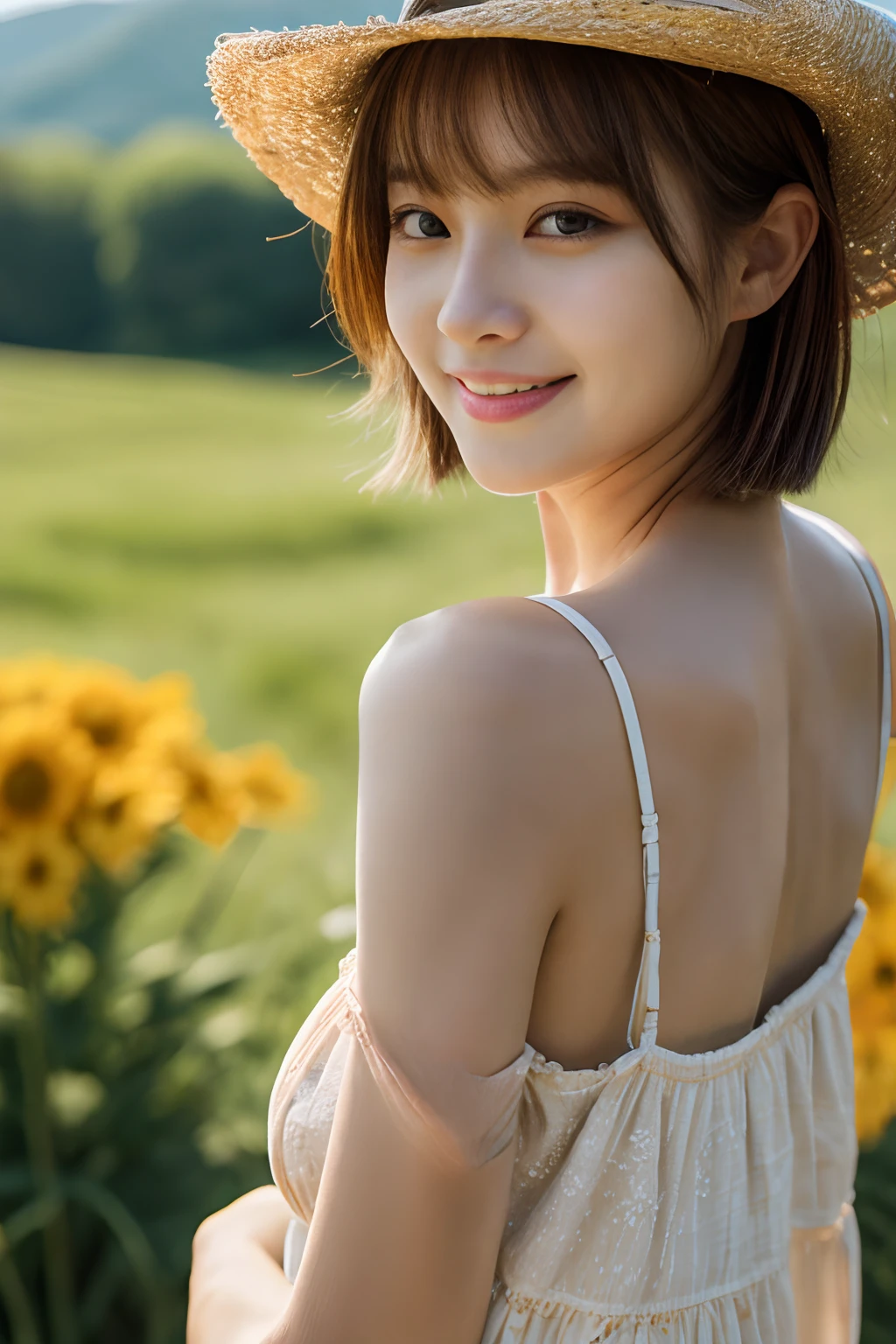 (((topless))), ,(1若い女の子Very detailed美しい顔), (((Natural Makeup))),Great face and great quality:1.4), (Ultra-detailed), (Very detailed CG 統合 8k 壁紙), Very detailed,21 years old, High resolution raw color photos, Professional photography, Realistic portraits, Great face and eyes, Brown eyes,(((Straight medium brown hair))), model, Depth of written boundary,,sit,smile,(((topless))),(((Quite small breasts))),(Small blue shorts),(((modelのポーズで立つ))),,Sunflower field,(((Shooting from behind)))