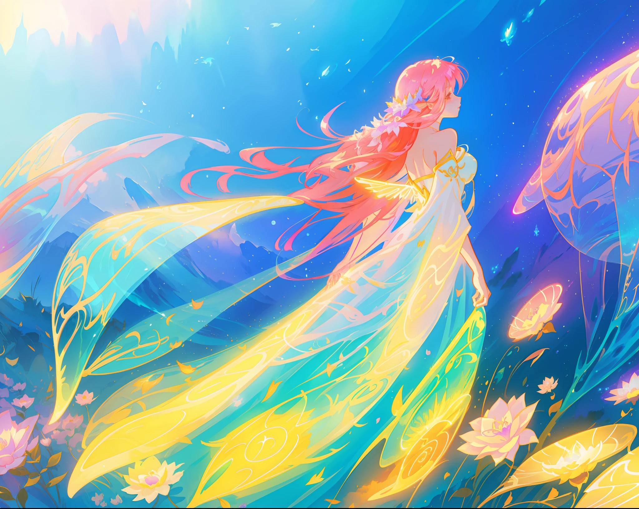 beautiful girl in flowing liquid dress, fairy dress, fairy queen, magical otherworldly landscape, (glowing fairy wings), glowing flowing ballgown, long hair, sparkling fairy wings, watercolor illustration, flowers and colorful plants, inspired by Glen Keane, inspired by Lois van Baarle, disney art style, by Lois van Baarle, glowing aura around her, by Glen Keane, jen bartel, glowing lights! digital painting, flowing glowing hair, glowing flowing hair, beautiful digital illustration, fantasia otherworldly landscape plants flowers, beautiful, masterpiece, best quality, anime disney style