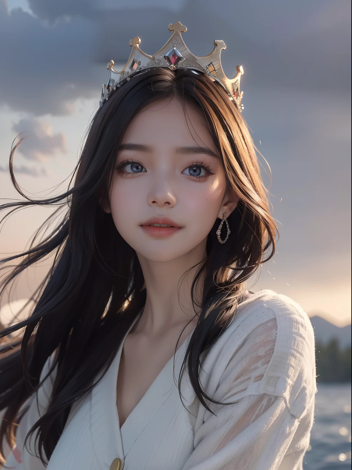 (8K, RAW photo, Best quality, Masterpiece:1.2), (Realistic, photo-realistic:1.37), Ultra-detailed, 超高分辨率, twtzuyu, 1 girl,view the viewer,Smile, ((Wear a crown on your head)), queen, Beautiful detailed eyes,  (Floating hair), Detailed clothes,  Skin texture, Cinematic lighting, Professional lighting,