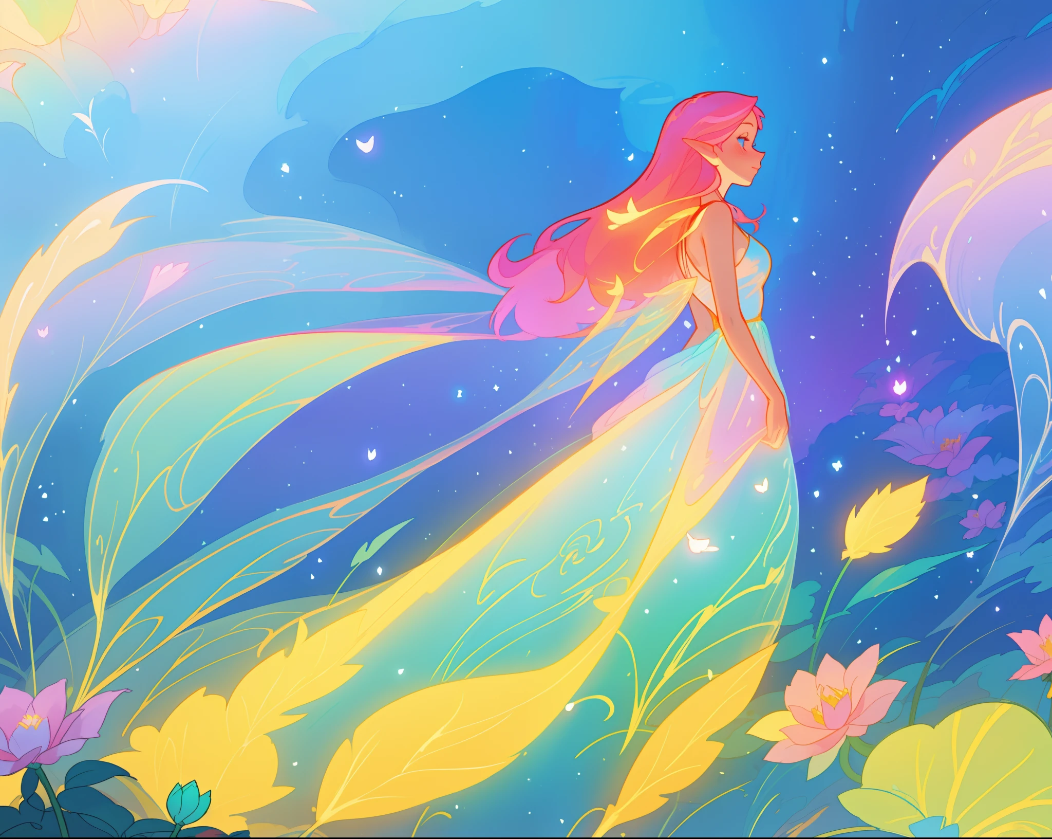beautiful girl in flowing liquid dress, fairy dress, fairy queen, magical otherworldly landscape, (glowing fairy wings), glowing flowing ballgown, long hair, sparkling fairy wings, watercolor illustration, flowers and colorful plants, inspired by Glen Keane, inspired by Lois van Baarle, disney art style, by Lois van Baarle, glowing aura around her, by Glen Keane, jen bartel, glowing lights! digital painting, flowing glowing hair, glowing flowing hair, beautiful digital illustration, fantasia otherworldly landscape plants flowers, beautiful, masterpiece, best quality, anime disney style