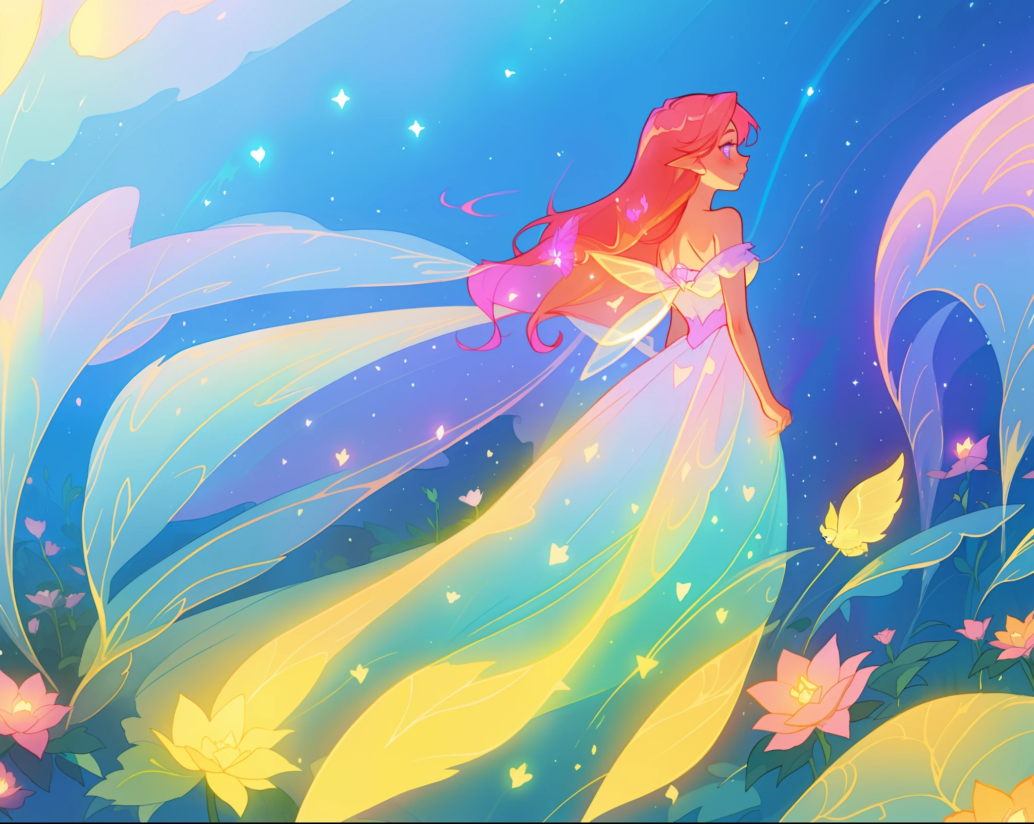 beautiful girl in flowing liquid dress, fairy dress, fairy queen, magical otherworldly landscape, (glowing fairy wings), glowing flowing ballgown, long hair, sparkling fairy wings, watercolor illustration, flowers and colorful plants, inspired by Glen Keane, inspired by Lois van Baarle, disney art style, by Lois van Baarle, glowing aura around her, by Glen Keane, jen bartel, glowing lights! digital painting, flowing glowing hair, glowing flowing hair, beautiful digital illustration, fantasia otherworldly landscape plants flowers, beautiful, masterpiece, best quality, anime disney style