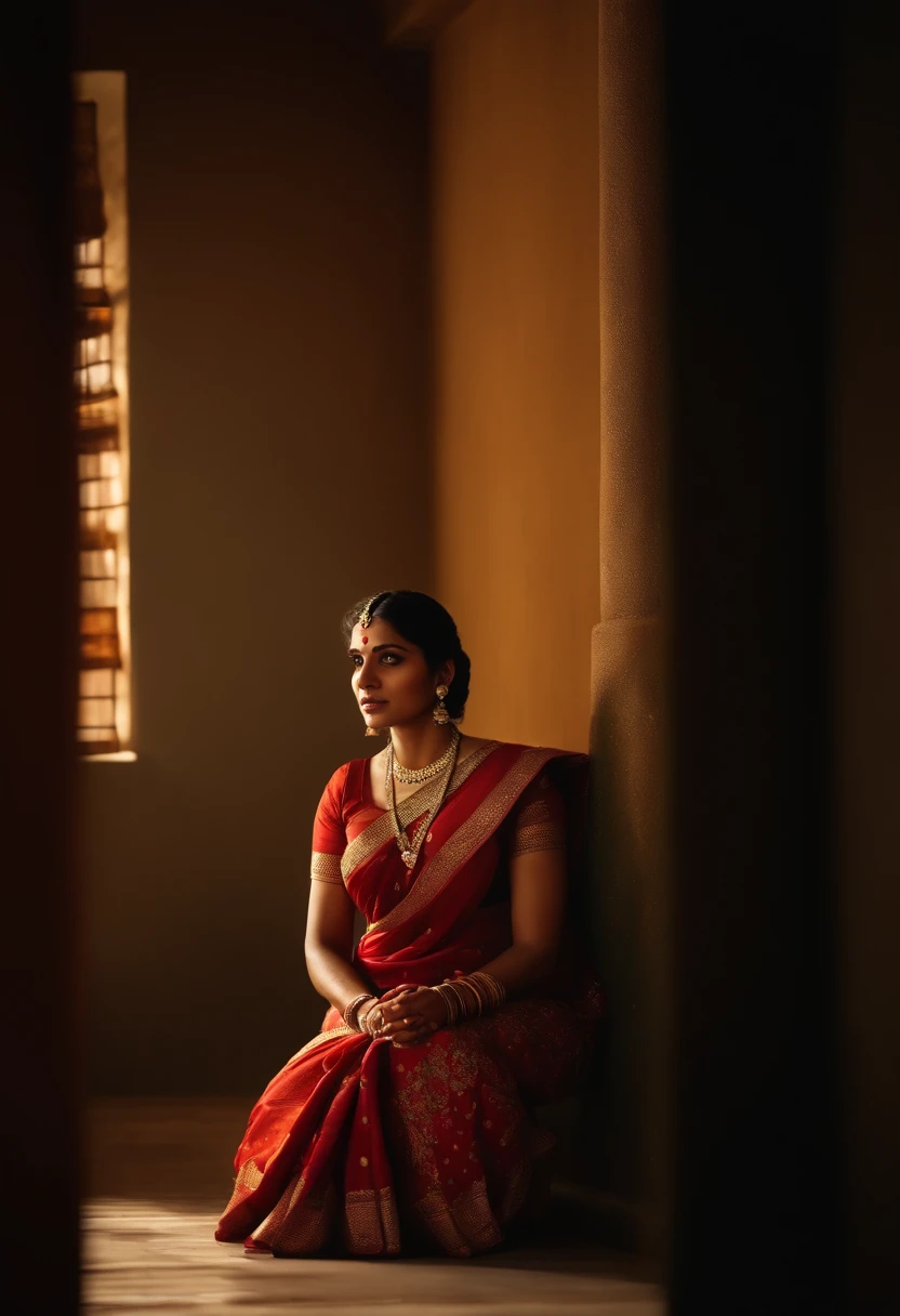 Indian women standing,sitting in hotel,table in front of her,wearing saree,twin braided,head leaning on wall,wall made of bricks,dark room,small 10watt bulb in ceiling (best quality,4k,8k,highres,masterpiece:1.2),ultra-detailed,(realistic,photorealistic,photo-realistic:1.37),vivid colors,indoor lighting,traditional,portrait.