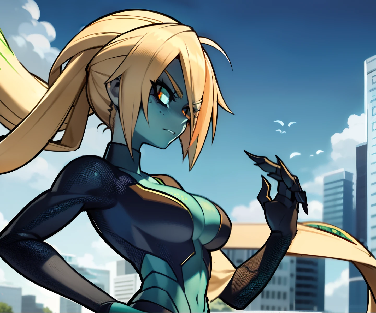 saki nikaidou, trending on artstation pixiv, girl anime, tall girl, she has blonde hair in a high ponytail with part dyed green and orange, scales armor blue, anime girl with a lizard costume blue, sharp claws, and orange eyes, big boobs, masterpiece, girl tall musculer, claws, scales blue, tail lizard, large breasts, girl zombie, lizard girl, lizard arms blue scales, lizard legs blue scales, saurians, snake woman hybrid, hot reptile humanoid woman, anthro gecko, reptoids, as atlantean reptilian warriors, sil from species, commission for high res, snake human hybrid, fullbody commission for, anthro art, serpentine pose