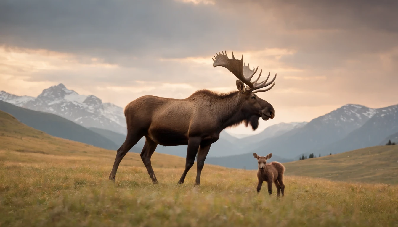 16k, massive details, ((complex details))) immense sky,field of a beautiful mountain scene with a cute baby moose with her father, golden hour ,amazing sky,Level 15,rocky surface, (photorealistic), art (((Claude Lorrain))), J.R. Tolkien Type [sharp focus], (HDR), (8k), (gigapixel), (masterpiece)