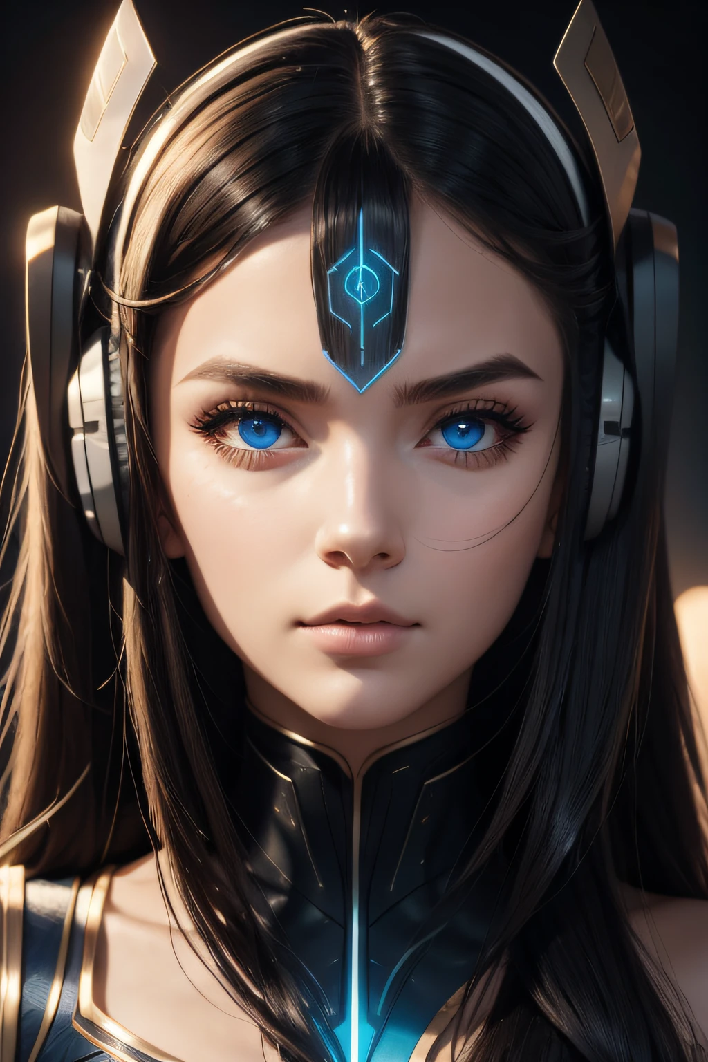 girl with long blue hair, blue eyes, futuristic vibes, mask on mouth, headphones, 8k, high quality, simple background, glowing eyes, nice pose