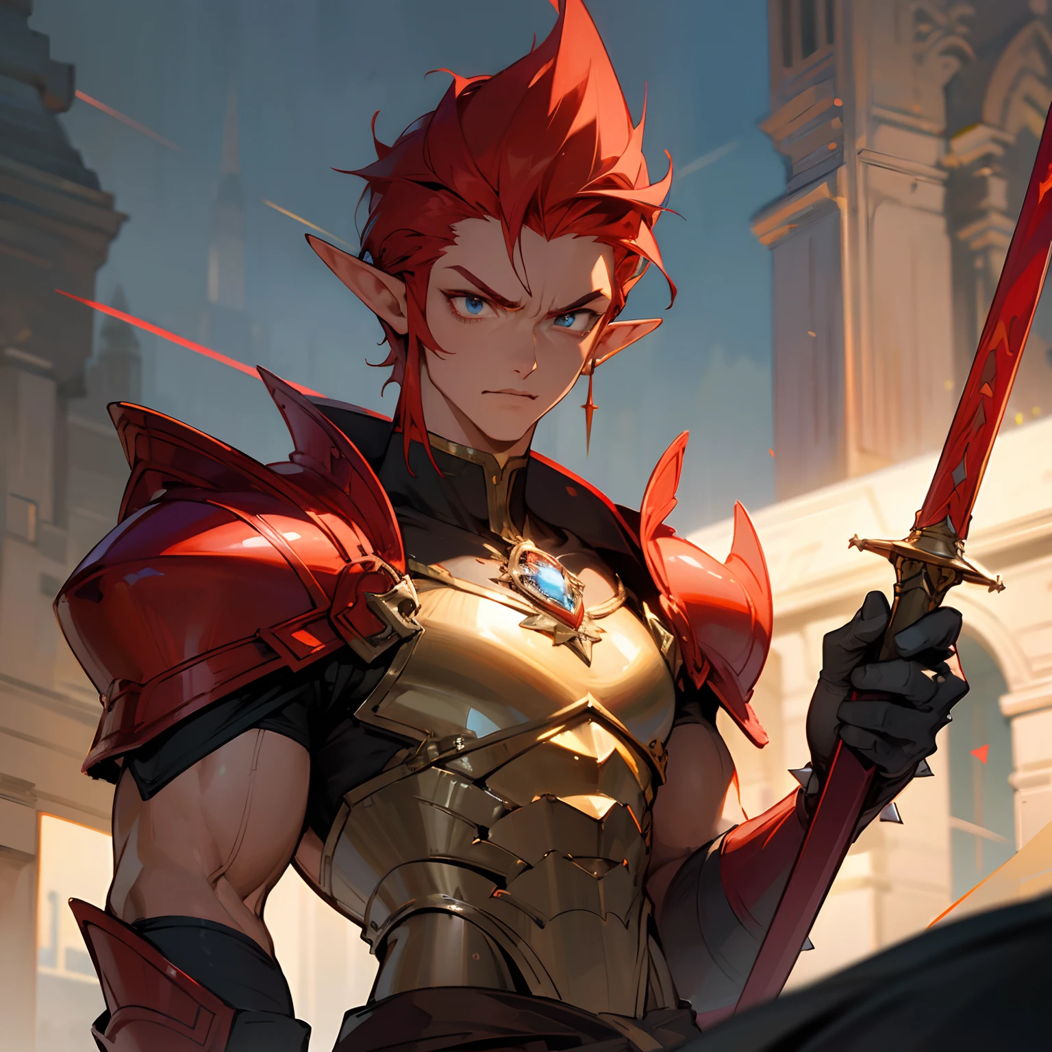 (highres,best quality:1.2),elf man,red armor,spiky red hair,rapier,detailed eyes and face,pointed ears,angry expression,tall and muscular body,gleaming sword,city background,enchanted lighting,vibrant colors,