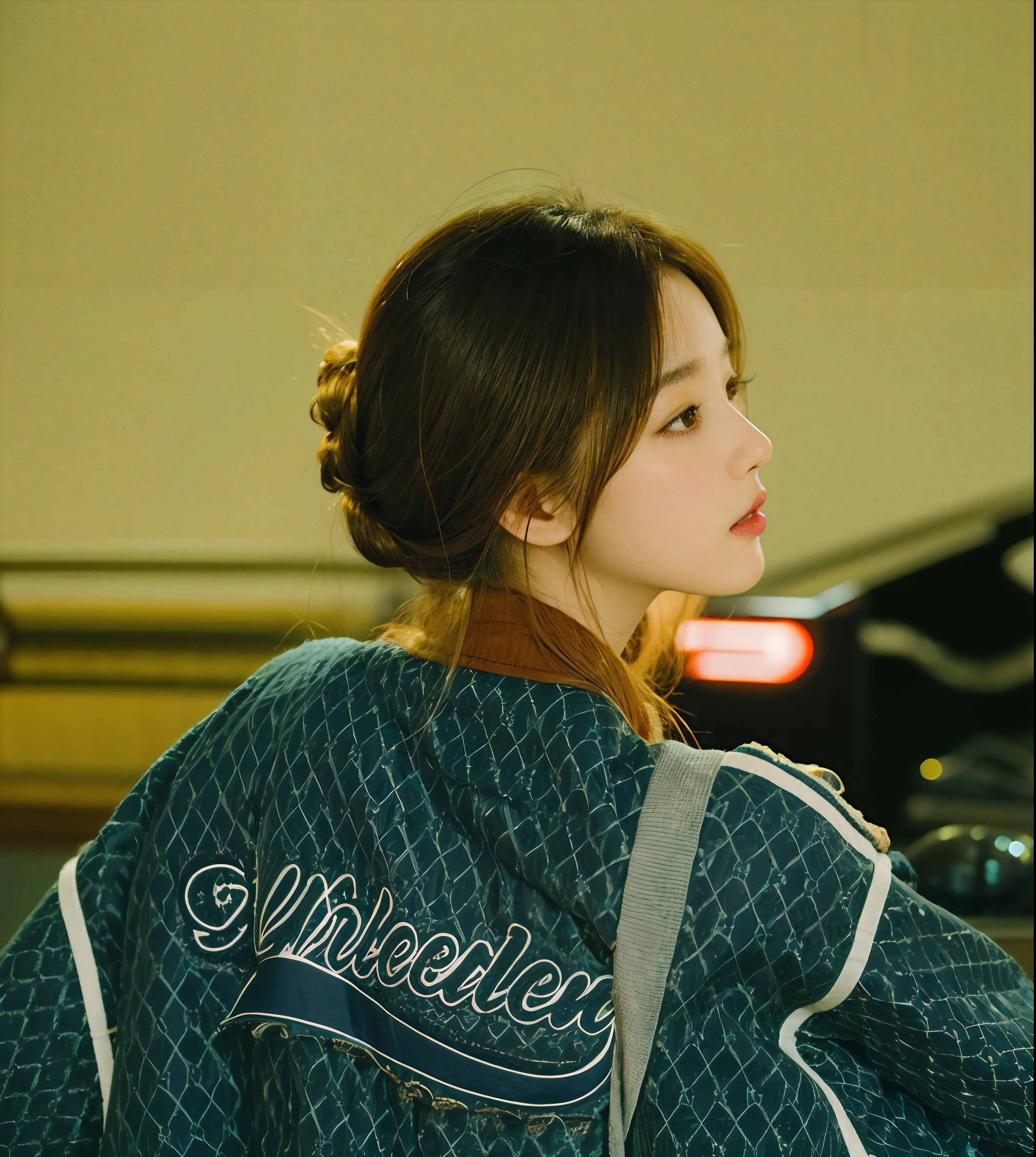 There was a woman in a brown jacket and a blue shirt, Soft portrait shot 8 K, bae suzy, Choi Hyun-hwa, close-up portrait film still, iu lee ji-eun as a super villain, close - up portrait shot, chiho, mid shot portrait, a close up portrait photo, lofi portrait, portrait soft low light,sideface,good eyes,Good nose,