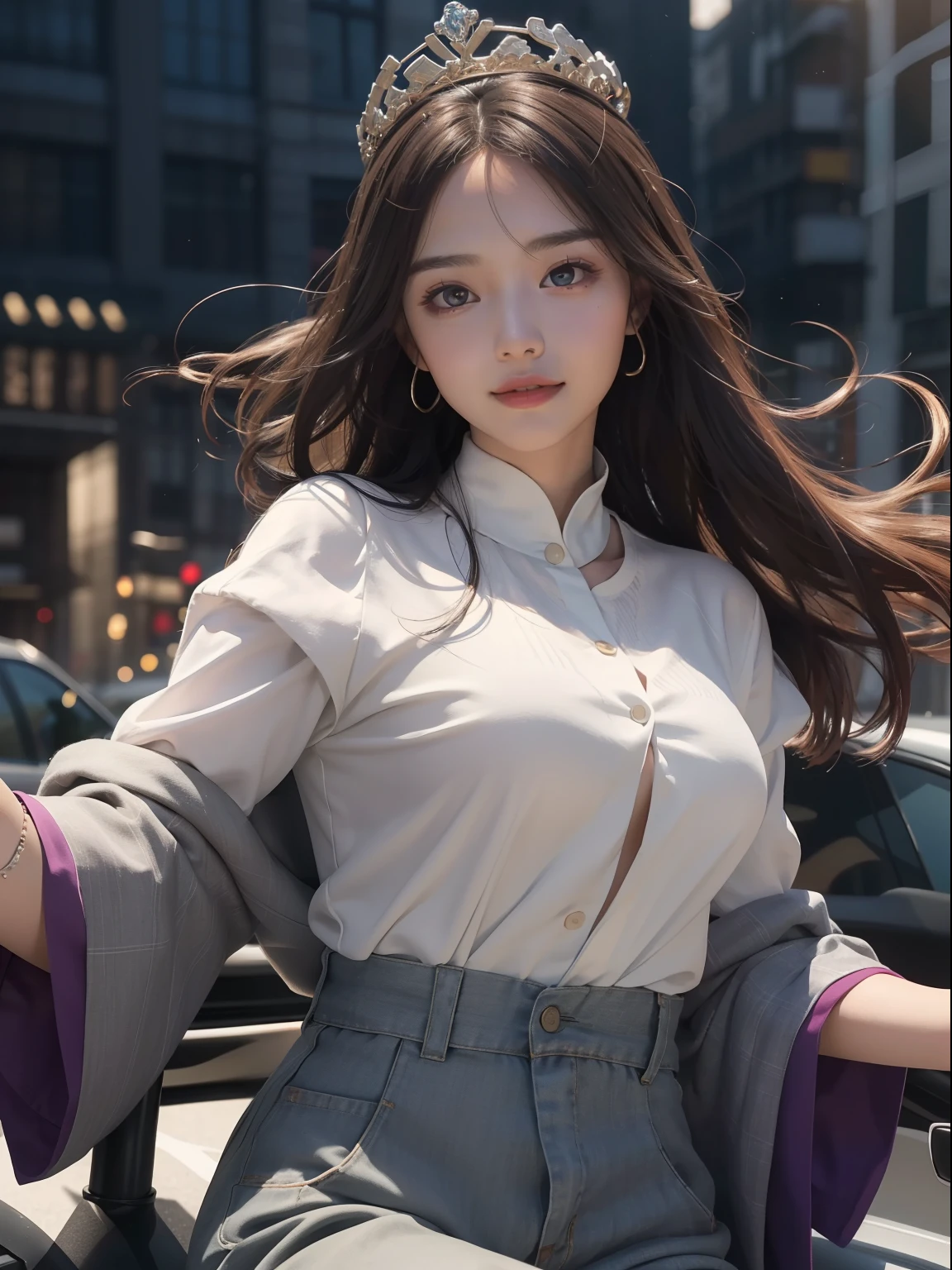 (8K, RAW photo, Best quality, Masterpiece:1.2), (Realistic, photo-realistic:1.37), Ultra-detailed, 超高分辨率, twtzuyu, 1 girl,view the viewer,Smile, ((Wear a crown on your head)), queen, Beautiful detailed eyes, (Floating hair), Detailed clothes, Skin texture, Cinematic lighting, Professional lighting,