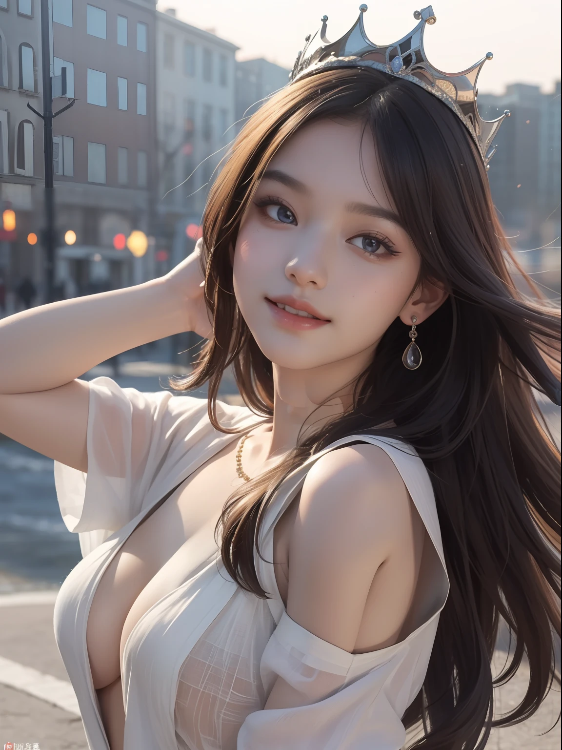 (8K, RAW photo, Best quality, Masterpiece:1.2), (Realistic, photo-realistic:1.37), Ultra-detailed, 超高分辨率, twtzuyu, 1 girl,view the viewer,Smile, ((Wear a crown on your head)), queen, Beautiful detailed eyes, (Floating hair), Detailed clothes, Skin texture, Cinematic lighting, Professional lighting,