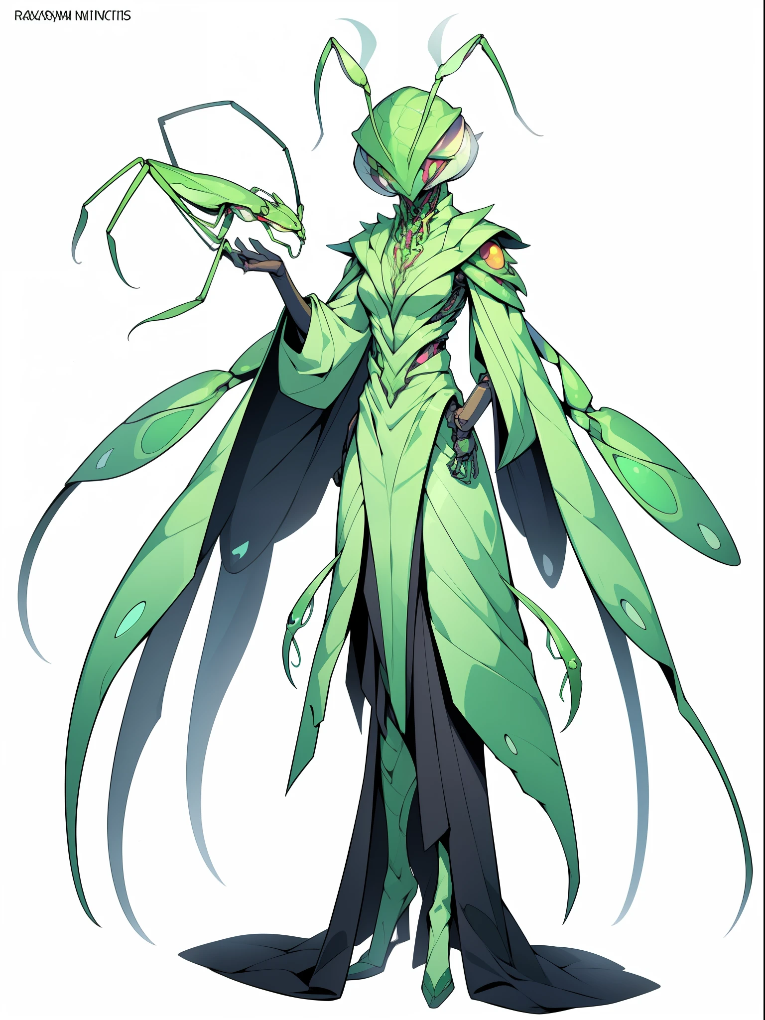 (1 Personification of the praying mantis), Full body standing painting, (((独奏))), (tmasterpiece，top Quority，best qualtiy), ((Personification of the praying mantis)), 独奏, (The dominant color is the color), Conceptual diagram of the human structure of a praying mantis, Creature armor, character design contest winner, Cyberpunk praying mantis, Great character design, Cyborg praying mantis, Fantasy Mantis Man, ((cyber punk style，machine arm，Hologram aura，Surreal Science Fiction Art，Future Science Fiction Aesthetics)), Biopunk cyborg praying mantis, interesting character design, insect trainer girl, no type, cushart kenz, Cyberpunk cyborg praying mantis, full body concept, high quality character design, character design art, ((very simple background))、(Game character design), white backgrounid（（（flatcolors）））