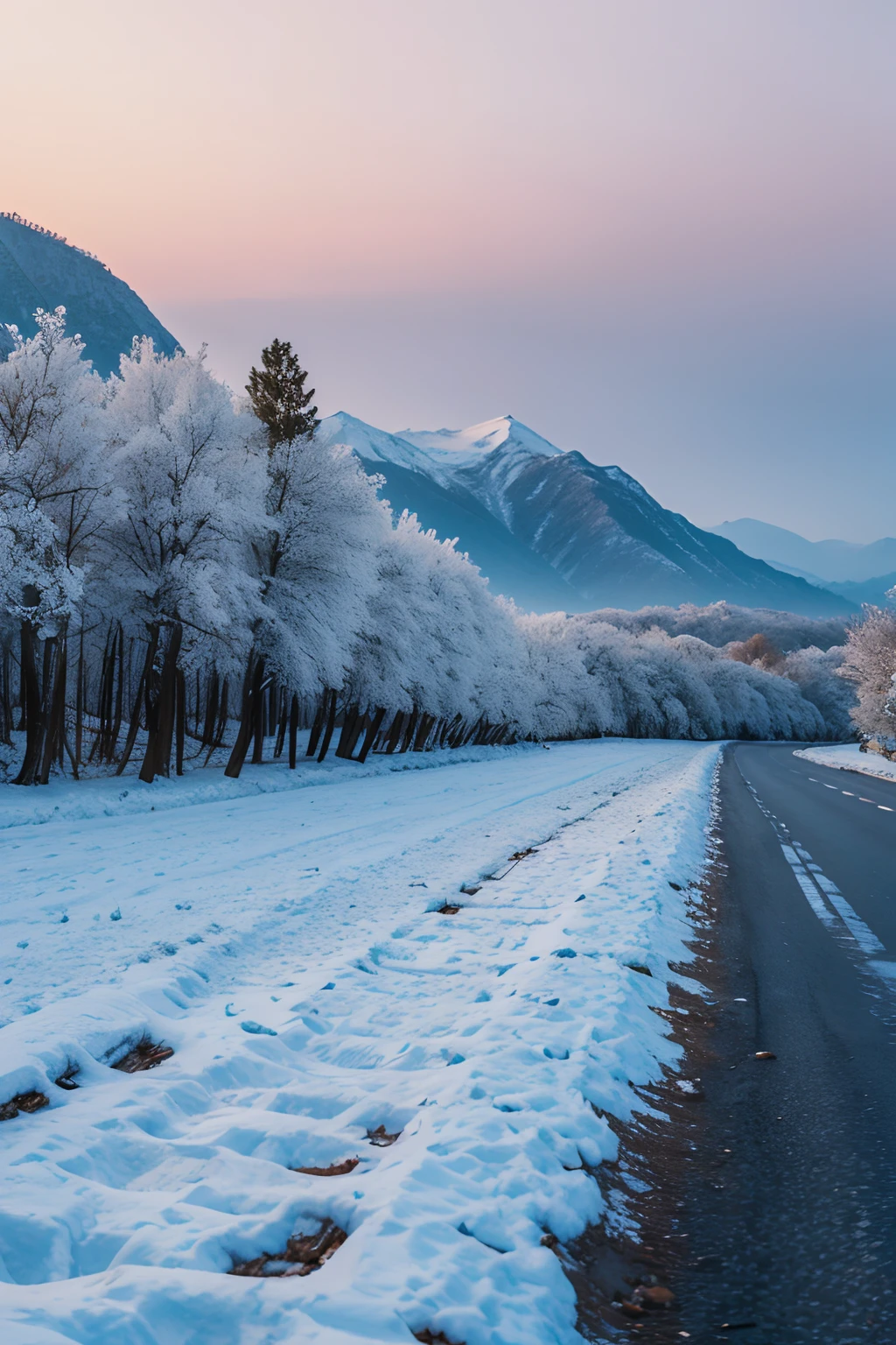 Snowy road with trees and snow on both sides - SeaArt AI