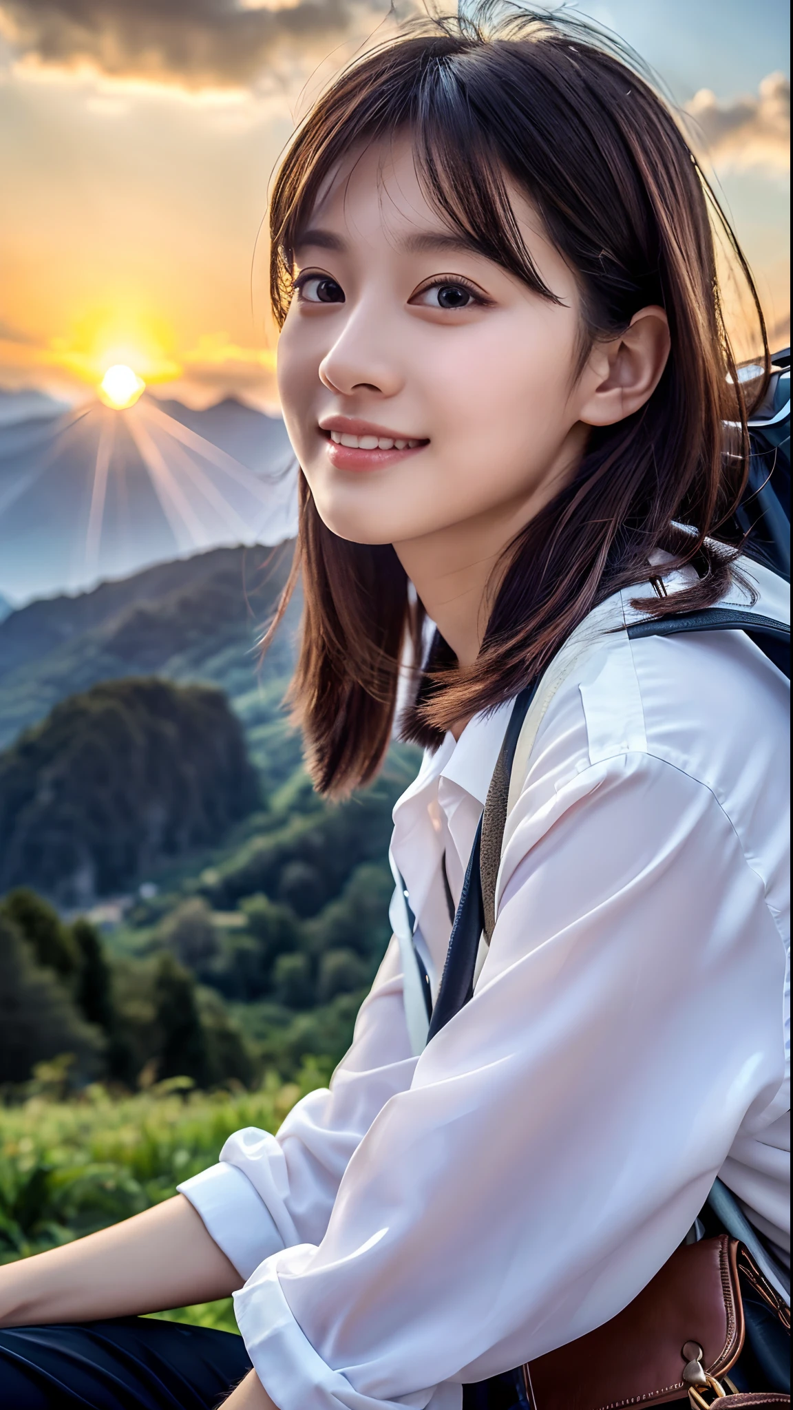 (Natural Landscape Photography), (Best Quality), masutepiece:1.2, 超A high resolution, (Magnificent mountain, sea of clouds), (At very high mountain peaks), (Beautiful sunset), (Wide angle shot),  (Show cleavage:0.8),
(1girl in), (Photo from the knee up:1.3), (18 years old), (Smile:0.9), (Shiny skin), (Semi-long chignon hair, dark brown hair), 
(Loose white shirt, Parachute pants), (Carrying a large backpack), 
(hyperdetailed face), (Super Beautiful Maid), (Ultra detailed eyes), (Ultra-detailed nose), (Ultra detailed mouth), (Ultra detailed arms), (ultra detailed body), Pan Focus, gaze at the audience