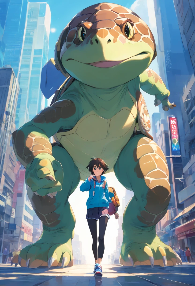 ((foto crua)), ((obra-prima)), Anthropomorphic humanoid turtle wearing modern clothes, capuz, andando furiosamente entre as pessoas, detalhe intrincado, intricate Greebles pieces, city behind, corpo musculoso, muscular arms, small head, Ogro monstruoso, Titan, Cross-arm sneakers, Fisioculturista Pose, angry expression, Raivosa