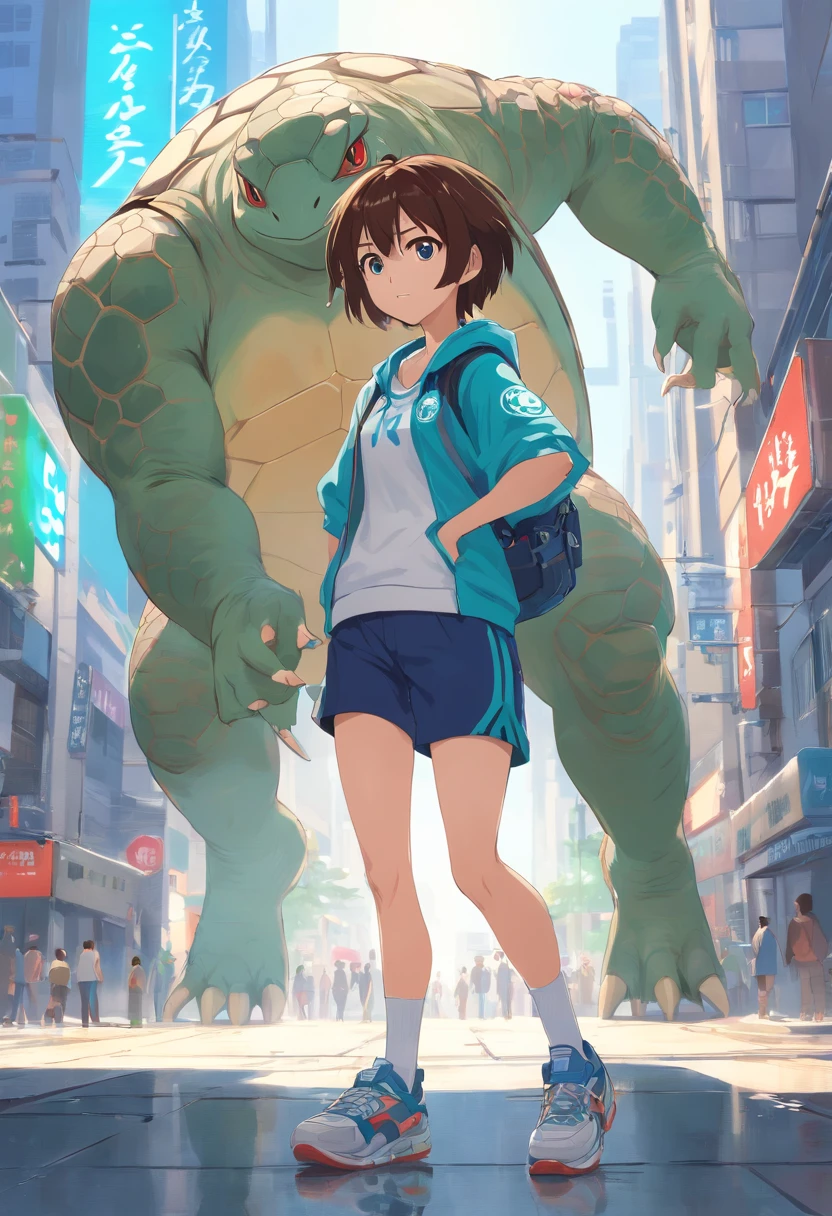((foto crua)), ((obra-prima)), Anthropomorphic humanoid turtle wearing modern clothes, capuz, andando furiosamente entre as pessoas, detalhe intrincado, intricate Greebles pieces, city behind, corpo musculoso, muscular arms, small head, Ogro monstruoso, Titan, Cross-arm sneakers, Fisioculturista Pose, angry expression, Raivosa