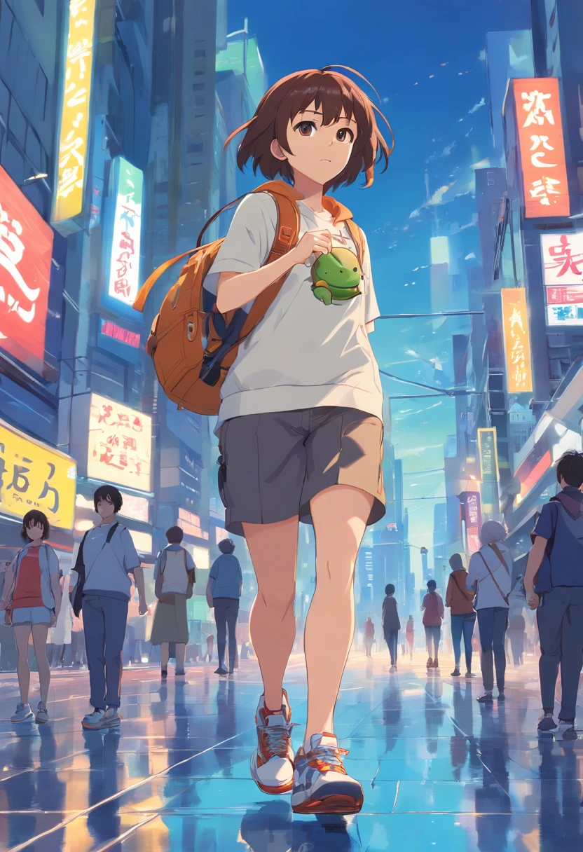 ((foto crua)), ((obra-prima)), Anthropomorphic humanoid turtle wearing modern clothes, capuz, andando furiosamente entre as pessoas, detalhe intrincado, intricate Greebles pieces, city behind, corpo musculoso, muscular arms, small head, Ogro monstruoso, Titan, Cross-arm sneakers, Fisioculturista Pose, angry expression, Raivosa