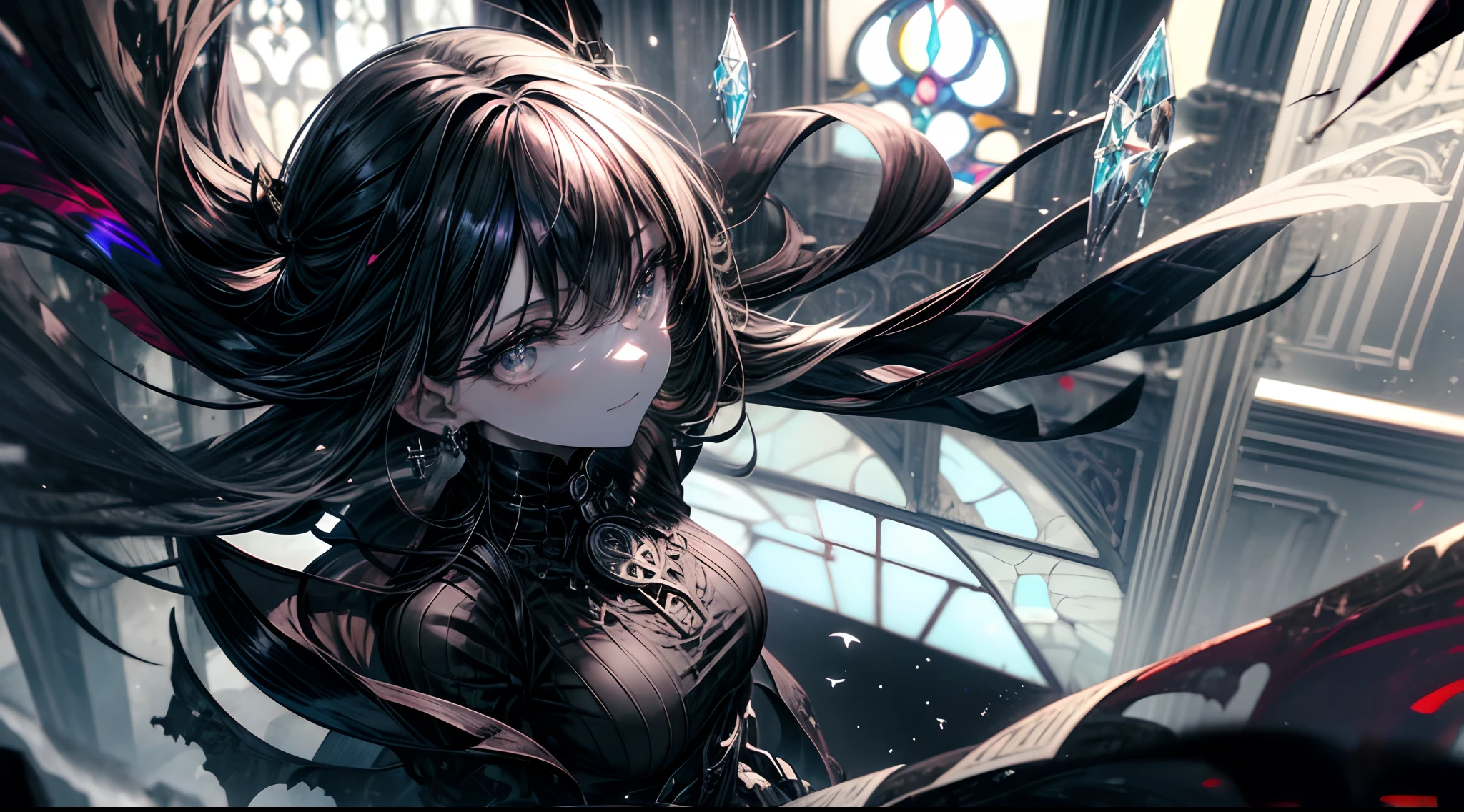 1 girl, Mysterious Expression, piercing eyes, Long flowing black hair, gothic clothing, mysterious smile, Pale complexion, Elegant functionality
break
Dramatic high-angle shooting, (bird's eyes view:1.2), symetrical composition, Highly monochrome, Deep shadows, subtle highlights, Unforgettable mood, Artistic details
break
Ancient cathedral, stained glass window, ornate columns, Flashing candles, Ethereal atmosphere, Secret whispering, Timeless beauty, absurderes, A high resolution, Unique, Masterpiece