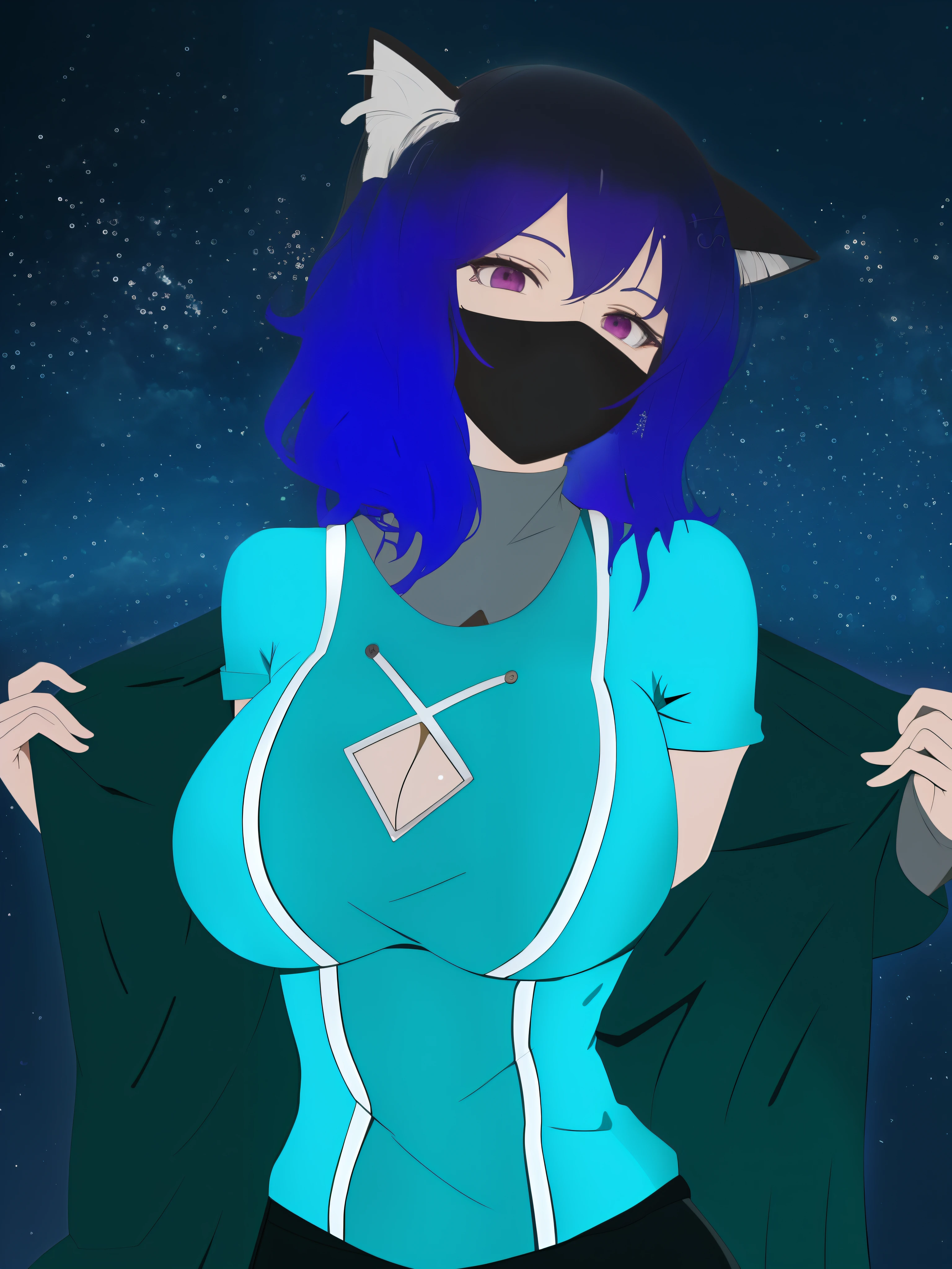 ((melhor qualidade)), ((obra-prima)), (detalhado), A closeup of a person wearing a mask and shirt, estilo de arte desconhecido, 2 d estilo anime, OC Commission, terno asuka sob a roupa!, (SFW) seguro para o trabalho, gatinha, inspirado em Rei Kamoi, ferramenta de pintura sai!! azul, anime moe artstyle, no estilo de arte do anime 8 0 s