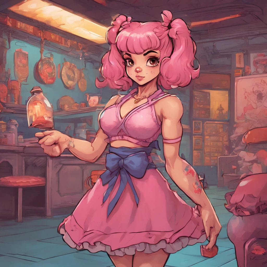 Cute Melanie Martinez como uma personagem de anime muito bonito, personagem de desenho animado, Unreal Engine Warm Interior Lighting Art Station Pintura Digital Detalhada Design de Personagens Mark Ryden Pixar Hayao Miyazaki Unreal 5 Dazz Hyper Real - Octane Neon Rendering
