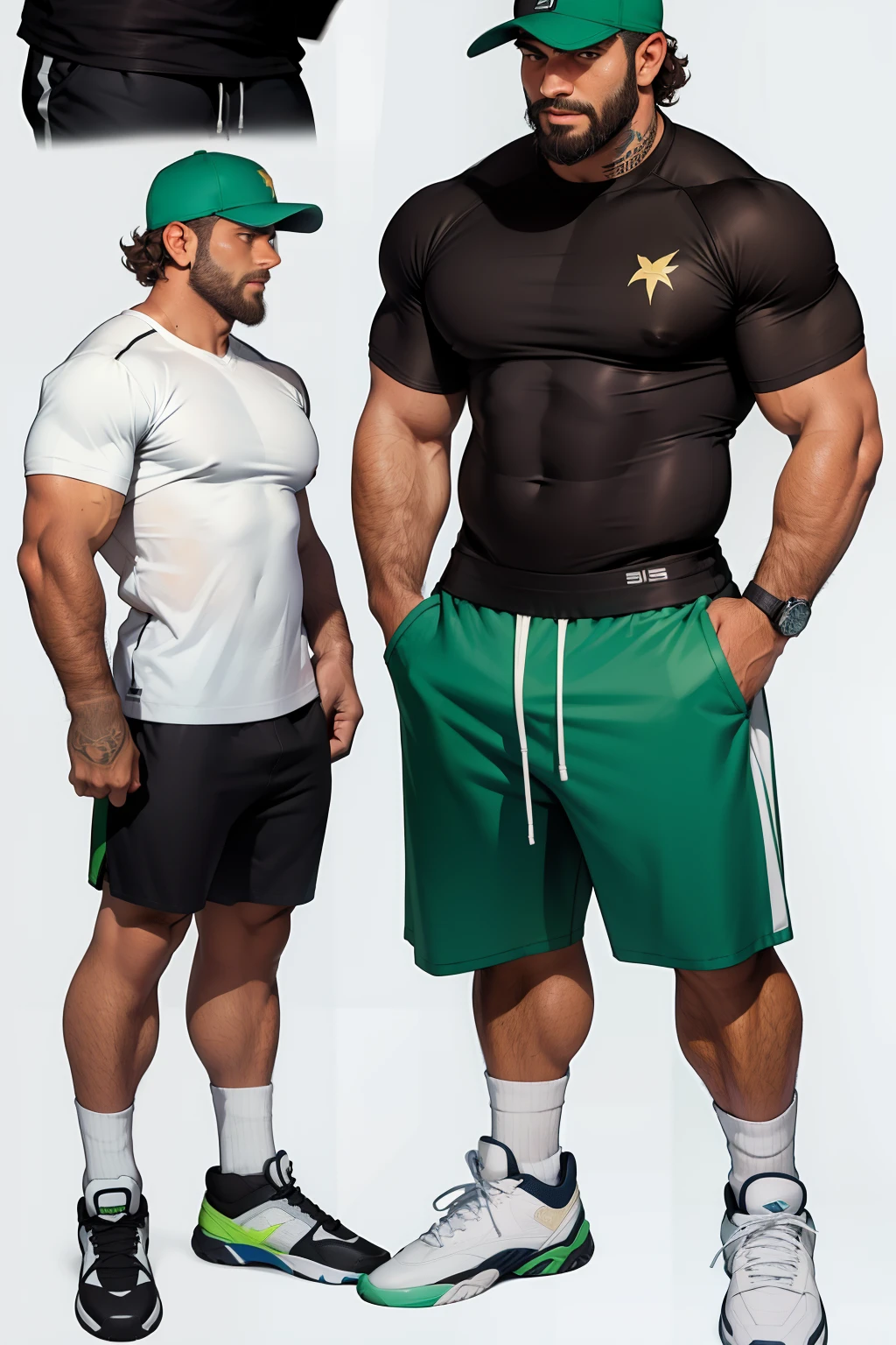 character sheet, pakistani male, brown curly hair, boots, bootcut pants standing, beard, slim build, baseball cap, gym cshorts, shorts, socks, white socks, simple soccer shirt,